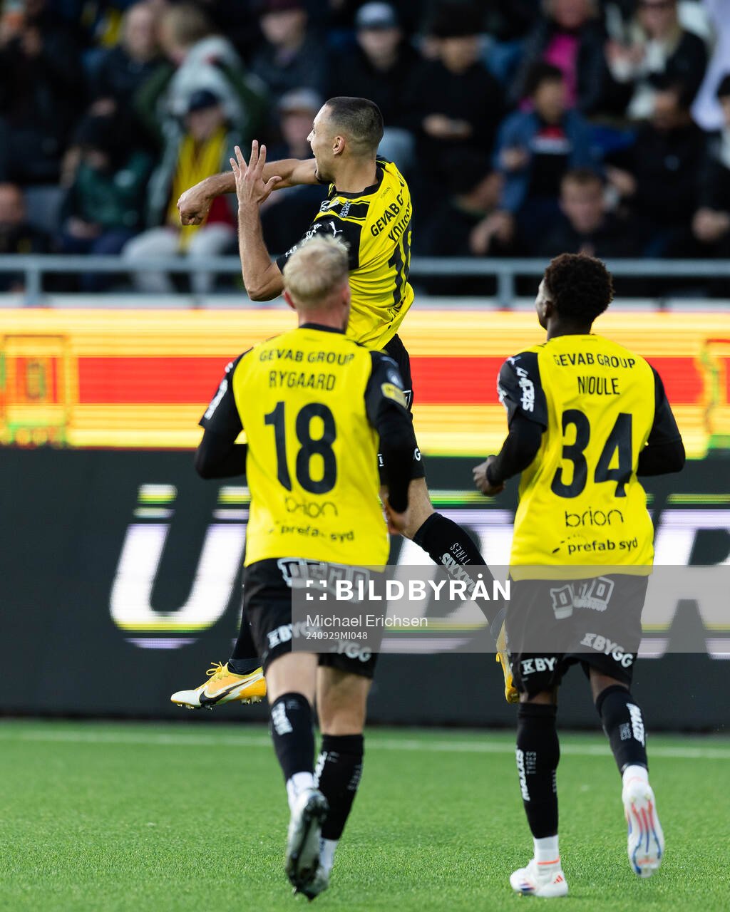 Häckens Ali Youssef jublar efter 2-0 på straff under fotbollsmatchen i Allsvenskan mellan Häcken och Sirius den 29 september 2024 i Göteborg.