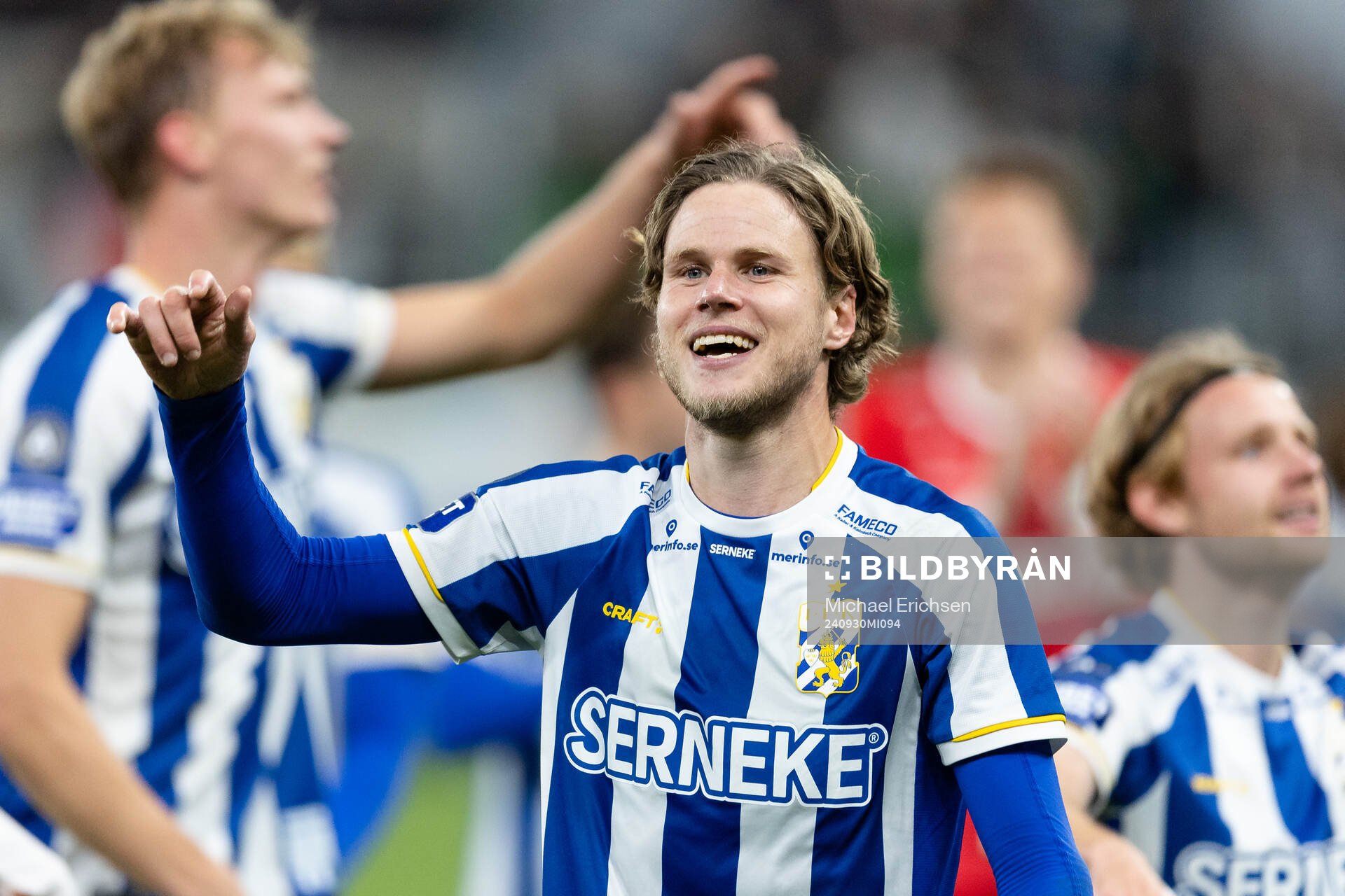 IFK Göteborgs Gustaf Norlin jublar efter fotbollsmatchen i Allsvenskan mellan IFK Göteborg och GAIS den 30 september 2024 i Göteborg. 