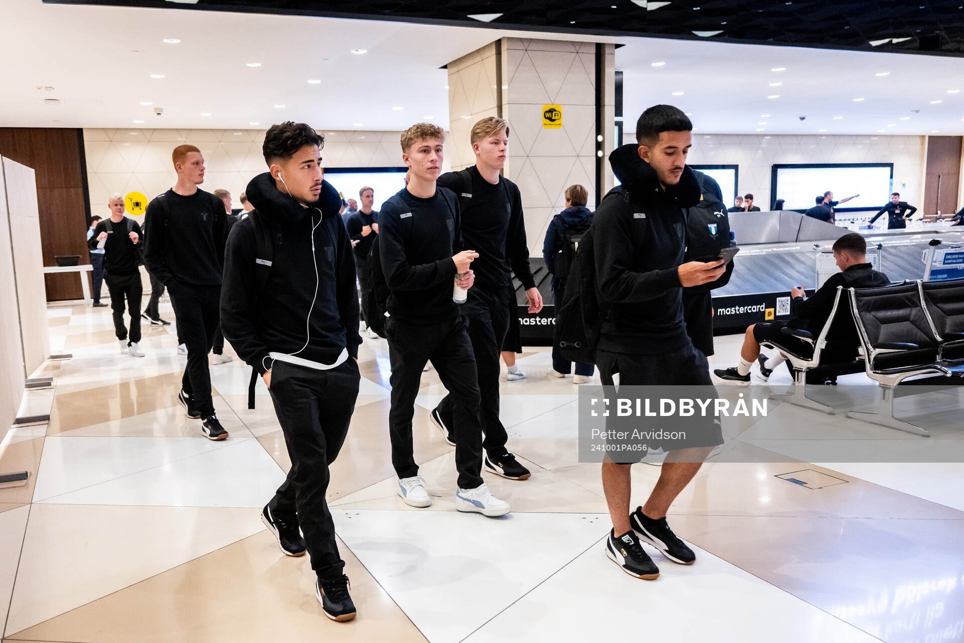 Adrian Skogmar, Hugo Bolin, Nils Zätterström and Zakaria Loukili of Malmö FF arrives in Baku during the team travel from Malmö to Baku ahead of the UEFA Europa League match between Qarabag and Malmö FF on October 1, 2024 in Baku.