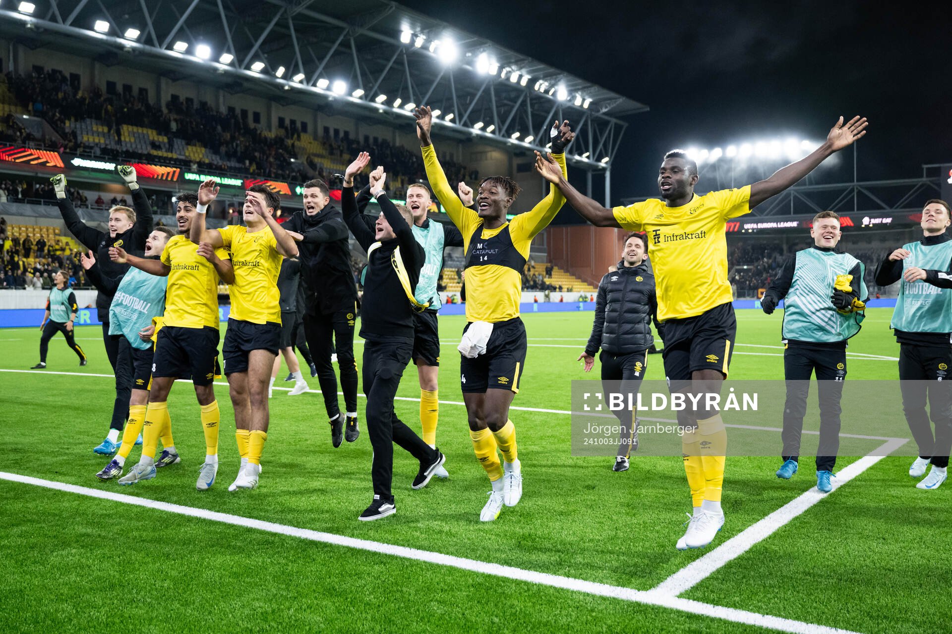 Players of Elfsborg celebrate in the stands