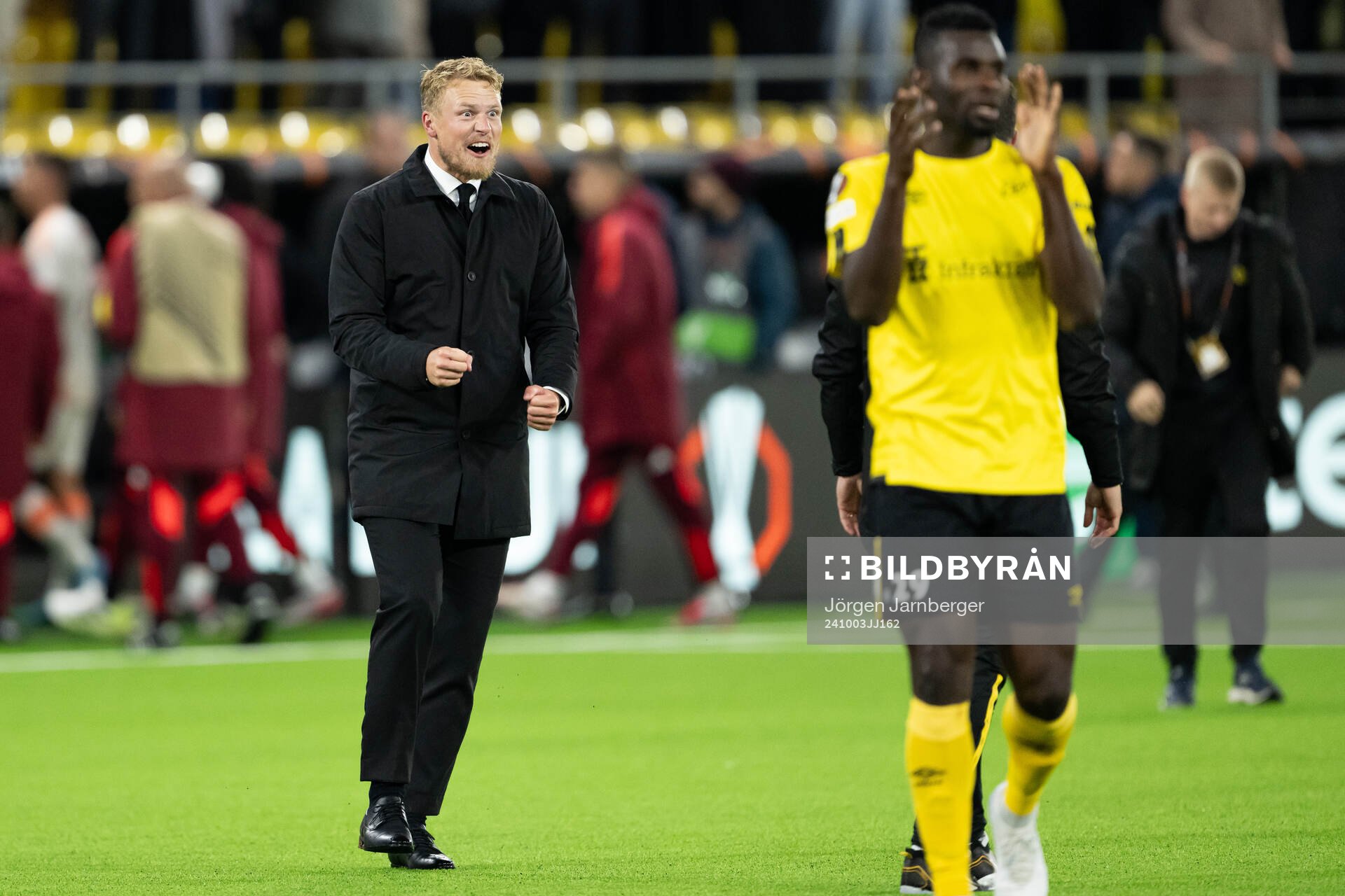 <Manager Oscar Hiljemark of Elfsborg celebrates after the UEFA Europa League between Elfsborg and Roma on October 3, 2024 in Borås. 