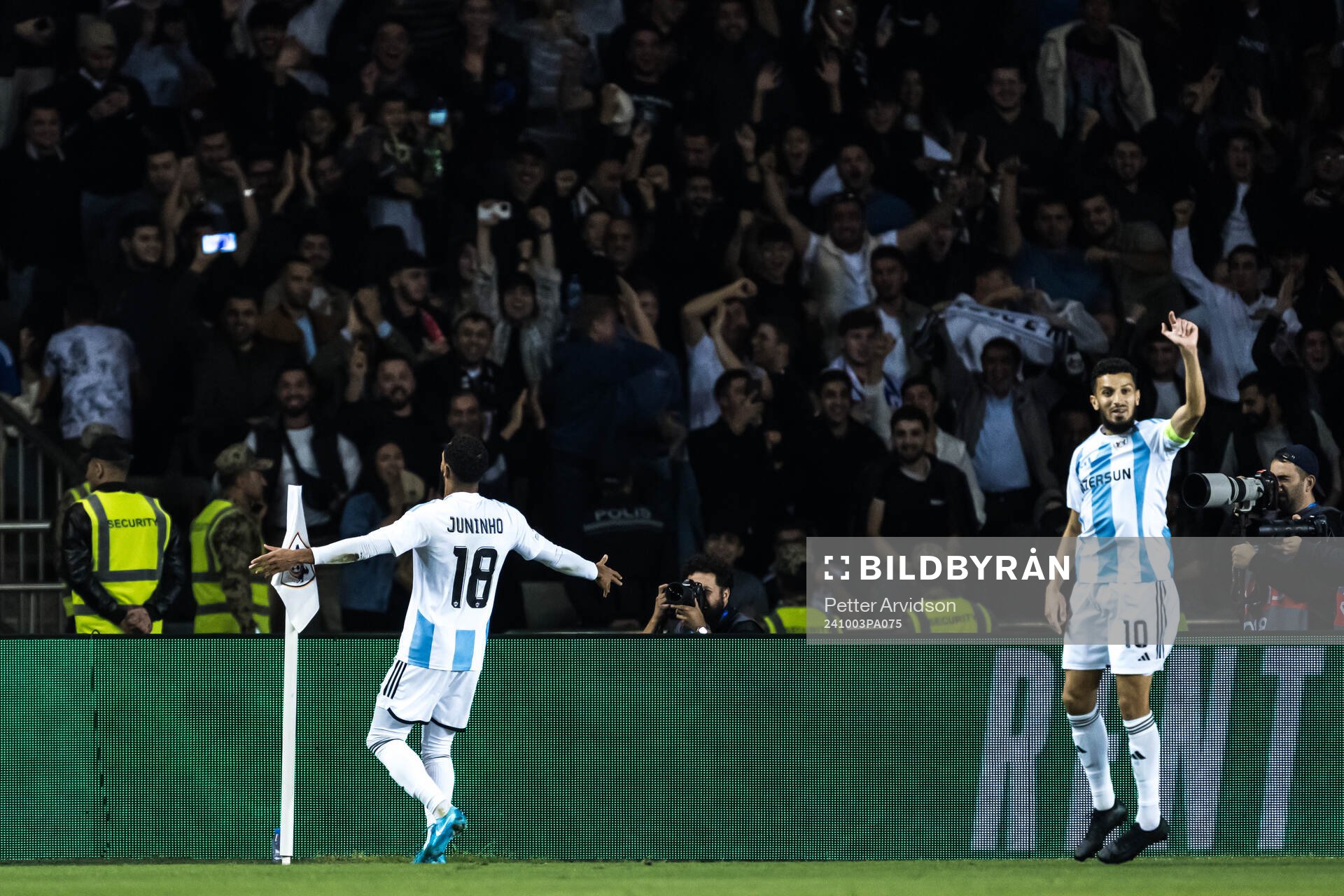 Juninho of Qarabag celebrates the 1-0 goal during the UEFA Europa League football match between Qarabag and Malmö FF on October 3, 2024 in Baku.