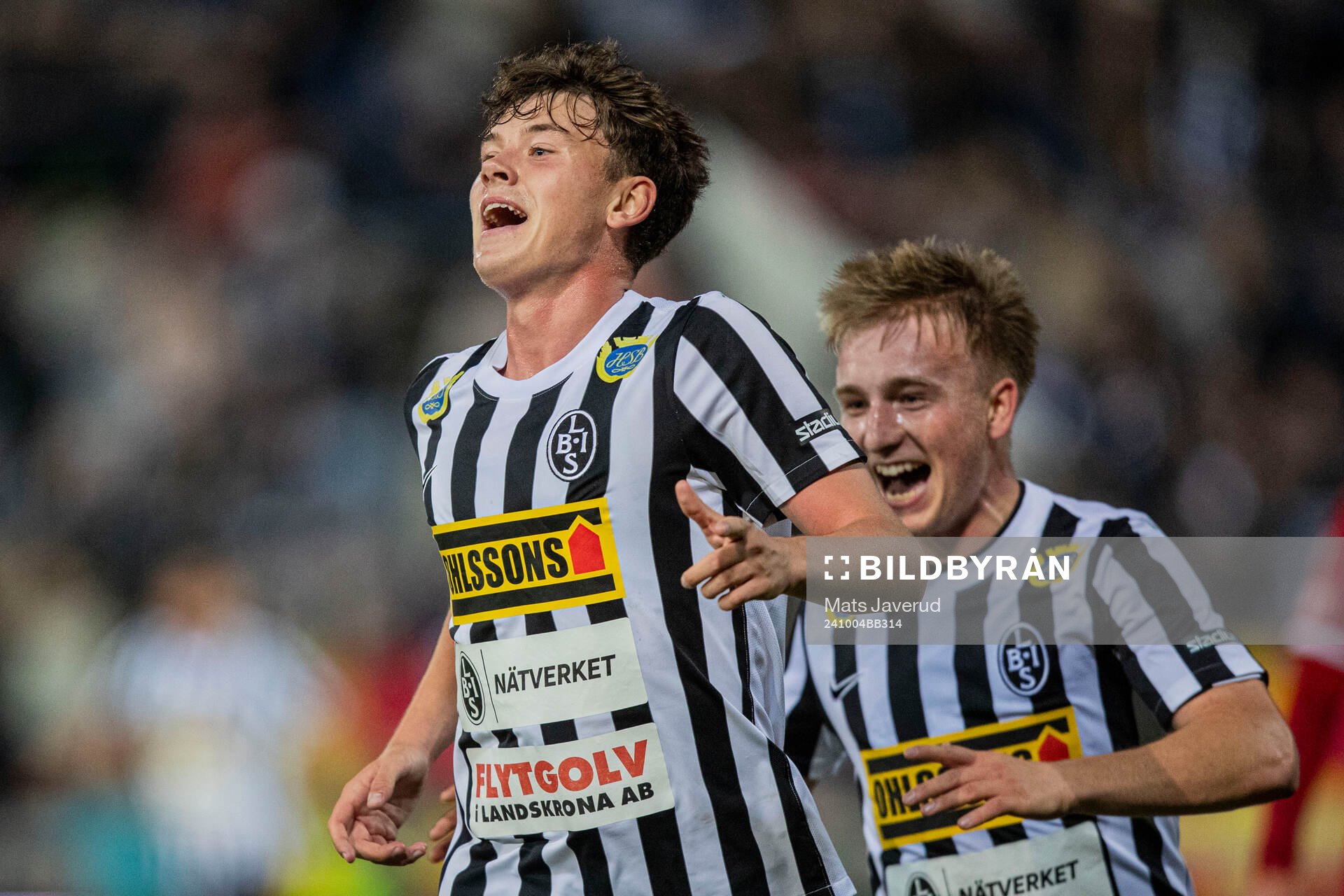 Landskronas Max Nilsson jublar efter att ha gjort 2-0 under fotbollsmatchen i Superettan mellan Landskrona och Skövde AIK den 4 oktober 2024 i Landskrona.