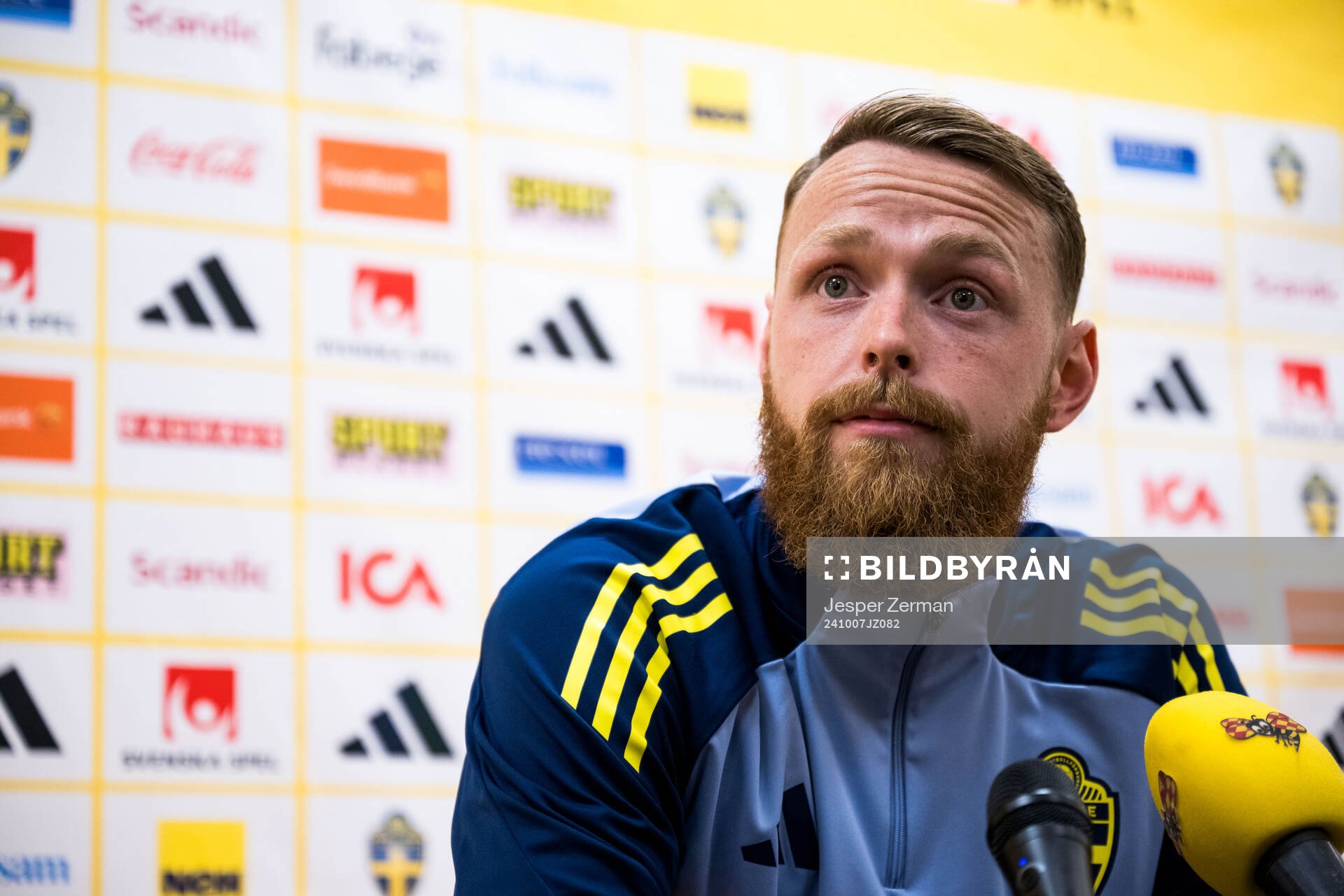 Goalkeeper Viktor Johansson of the Swedish men's football national team in mixed zone after a training session on October 7, 2024 in Stockholm.