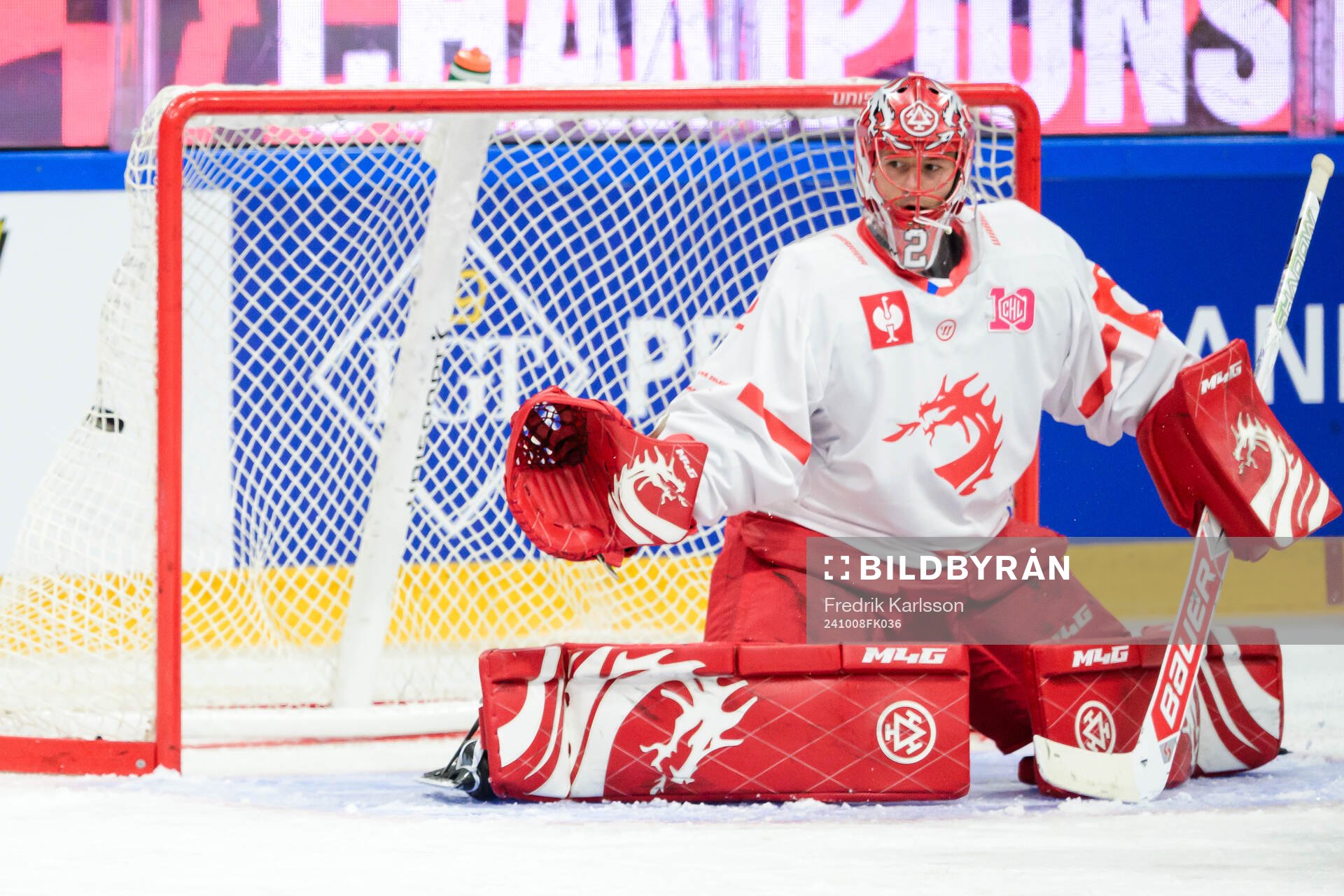 goaltender Marek Mazanec of Ocelari Trinec looks at the 2-0