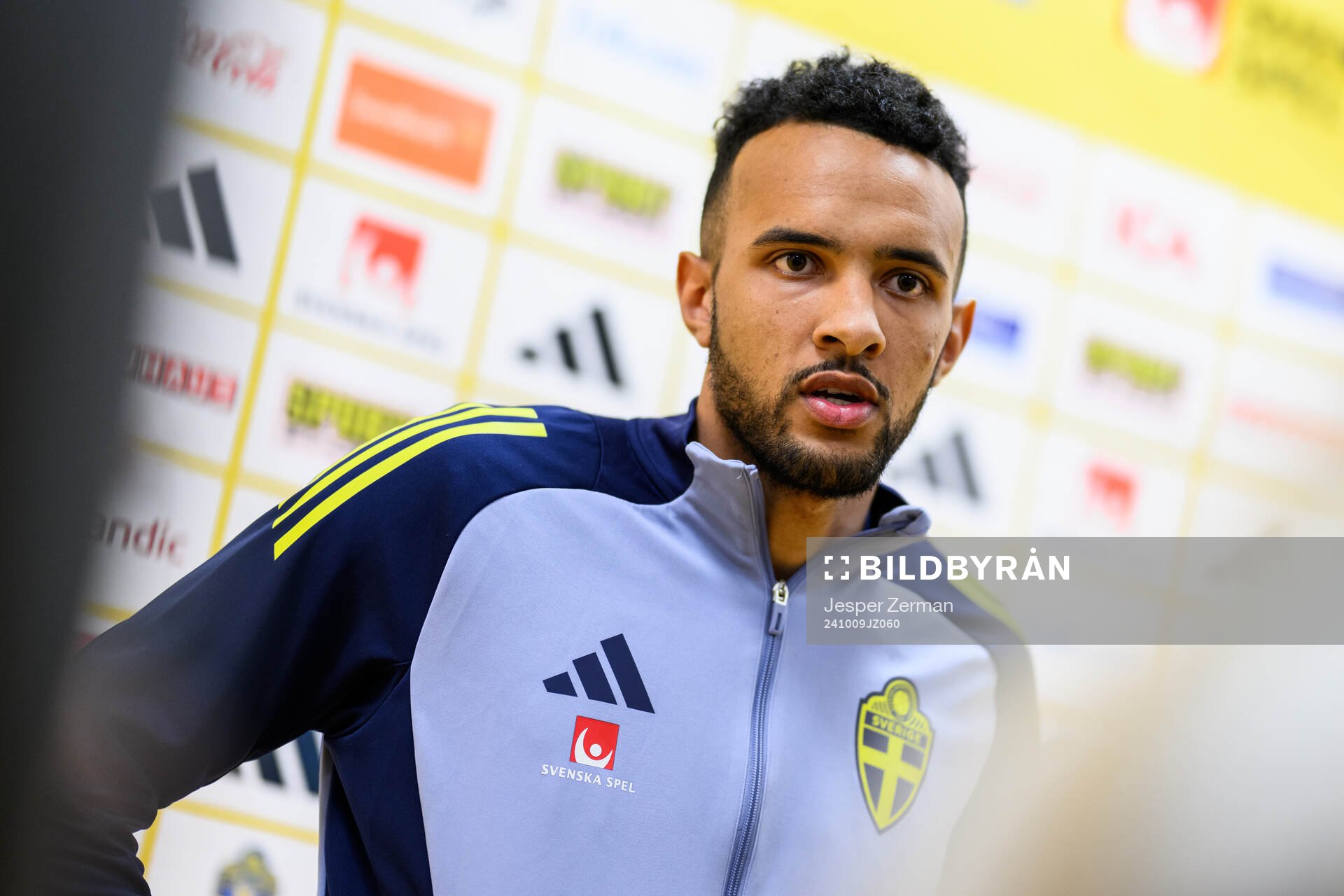 Alex Douglas of the Swedish men's football national team in the mixed zone after a training session on October 9, 2024 in Stockholm. 