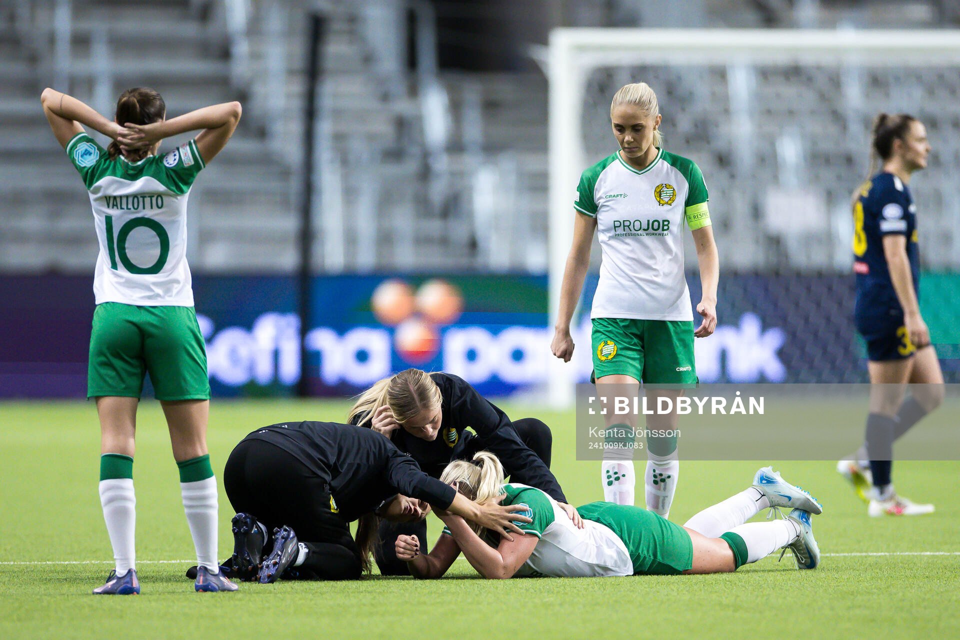 Cathinka Tandberg of Hammarby receives medical attention during the UEFA Women's Champions League football match between Hammarby and St Pölten on October 9, 2024 in Stockholm. 