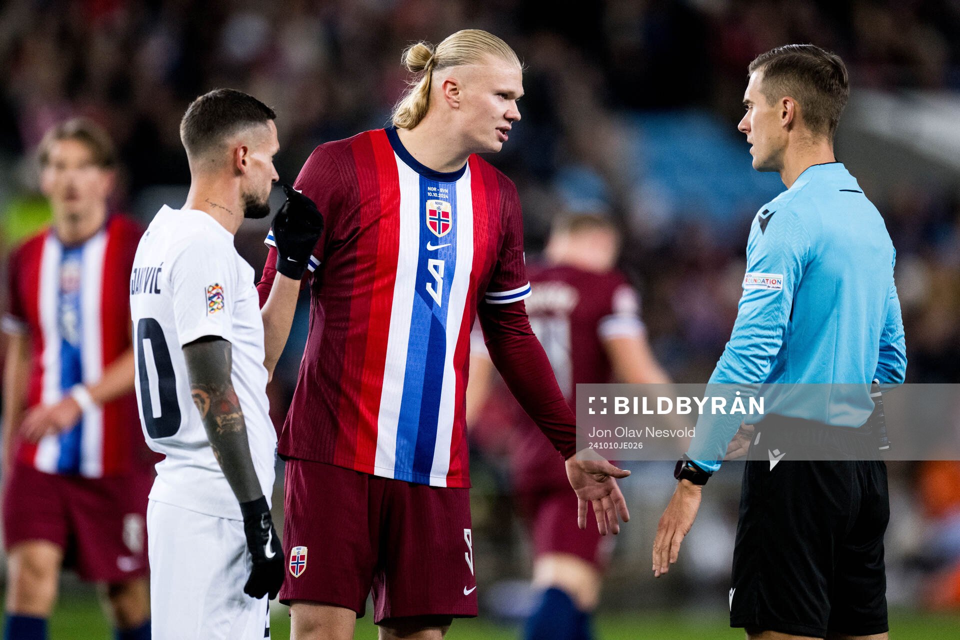 Erling Braut Haaland of Norway argues with the referee