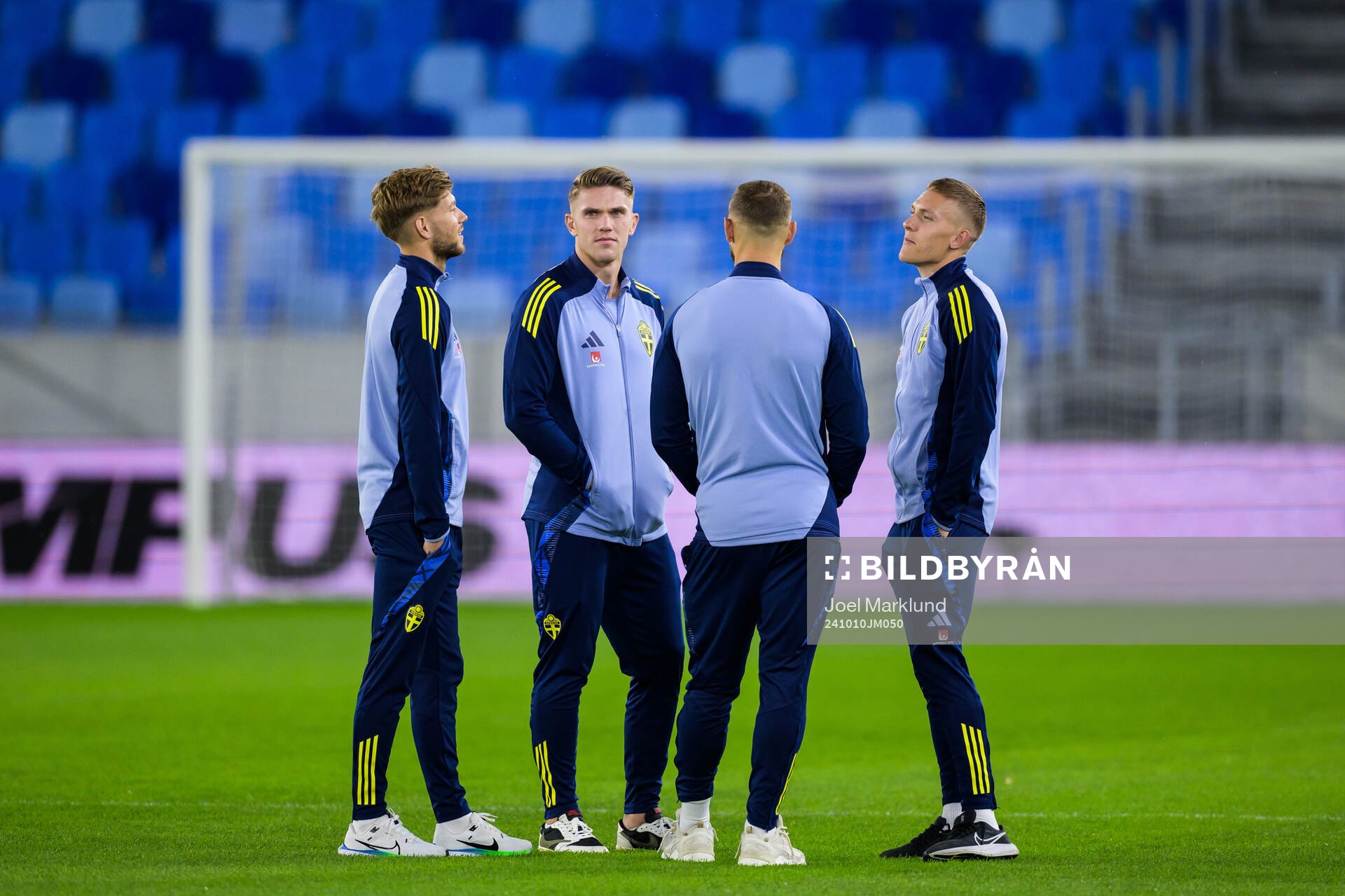 Anton Salétros, Viktor Gyökeres, Jesper Karlström and Ludwig Augustinsson of the Swedish men's national football team at a stadium walkaround ahead of a press conference on October 10, 2024 in Bratislava.