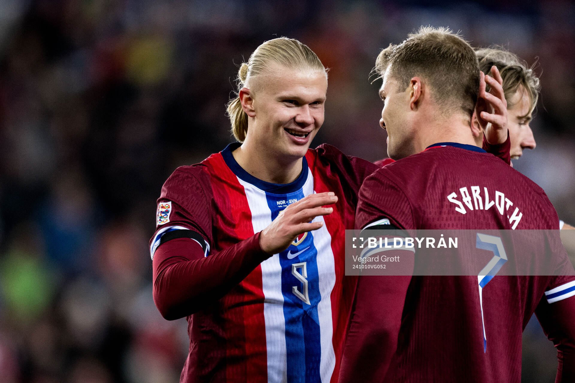 Alexander Sørloth of Norway celebrates with Erling Braut Haaland after 2-0 during the Nations League football match between Norway and Slovenia on October 10, 2024 in Oslo.