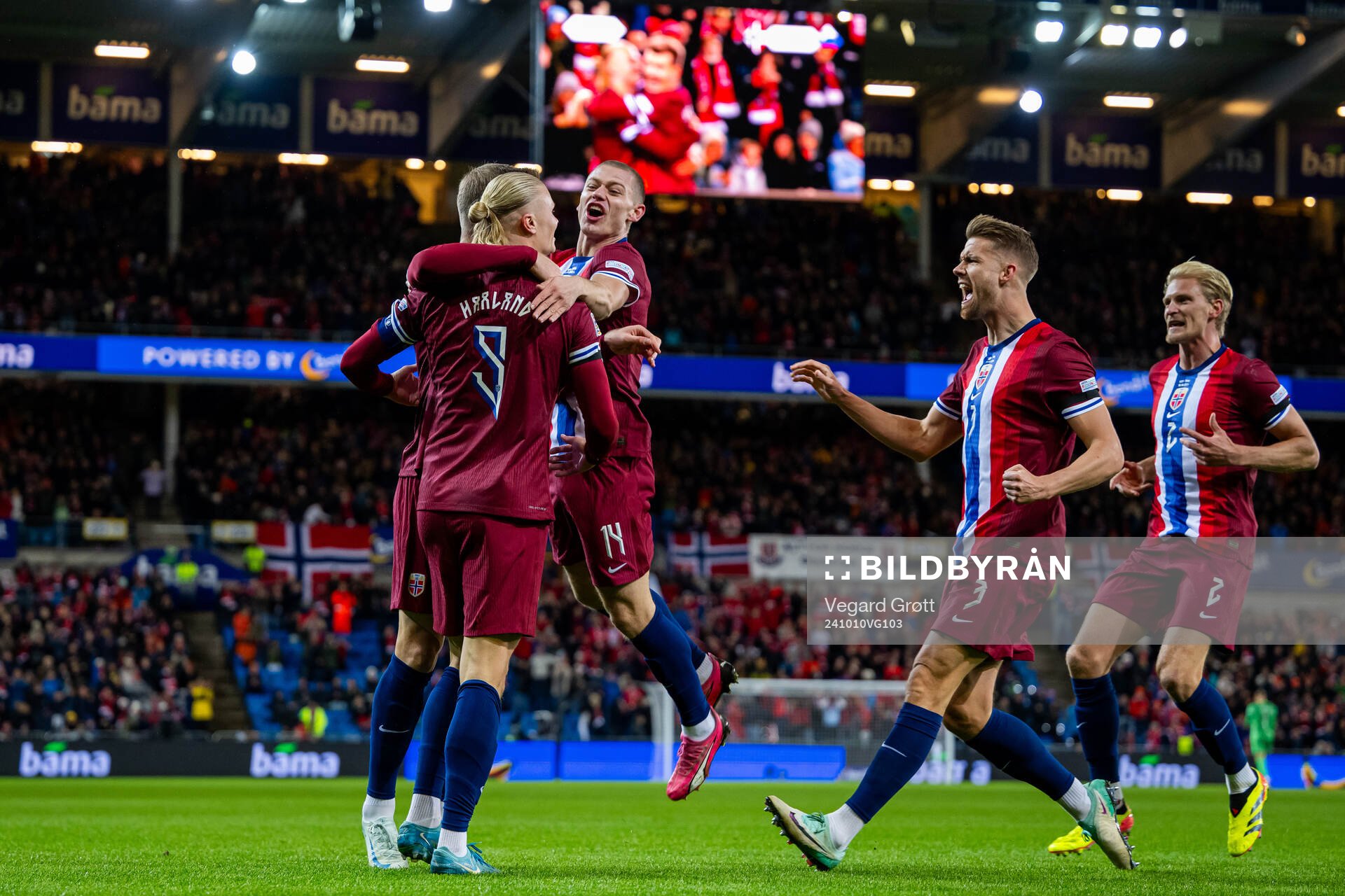 Erling Braut Haaland of Norway celebrates with teammates