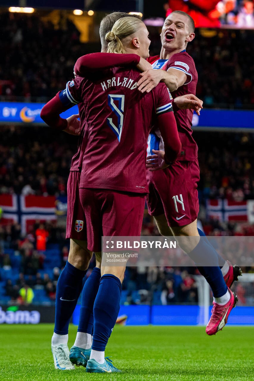 Erling Braut Haaland of Norway celebrates with teammate