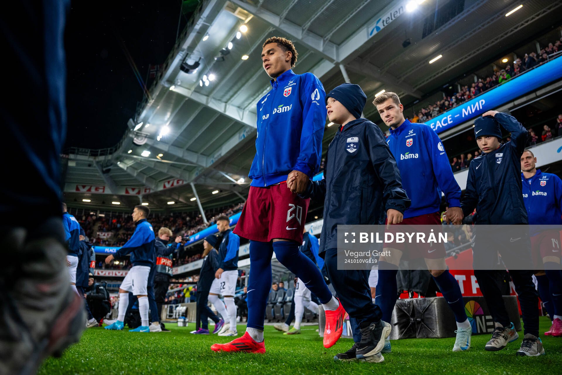 Antonio Nusa and Alexander Sørloth of Norway enter the
