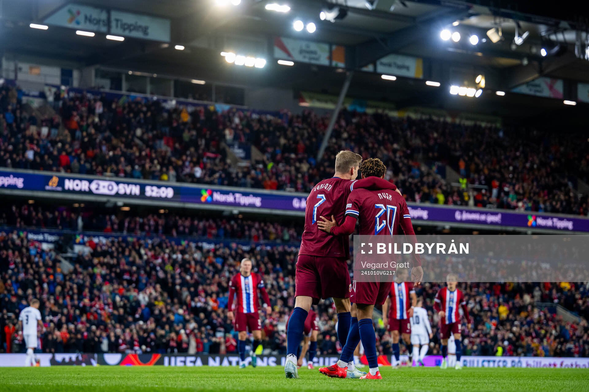Alexander Sørloth of Norway celebrates with teammate