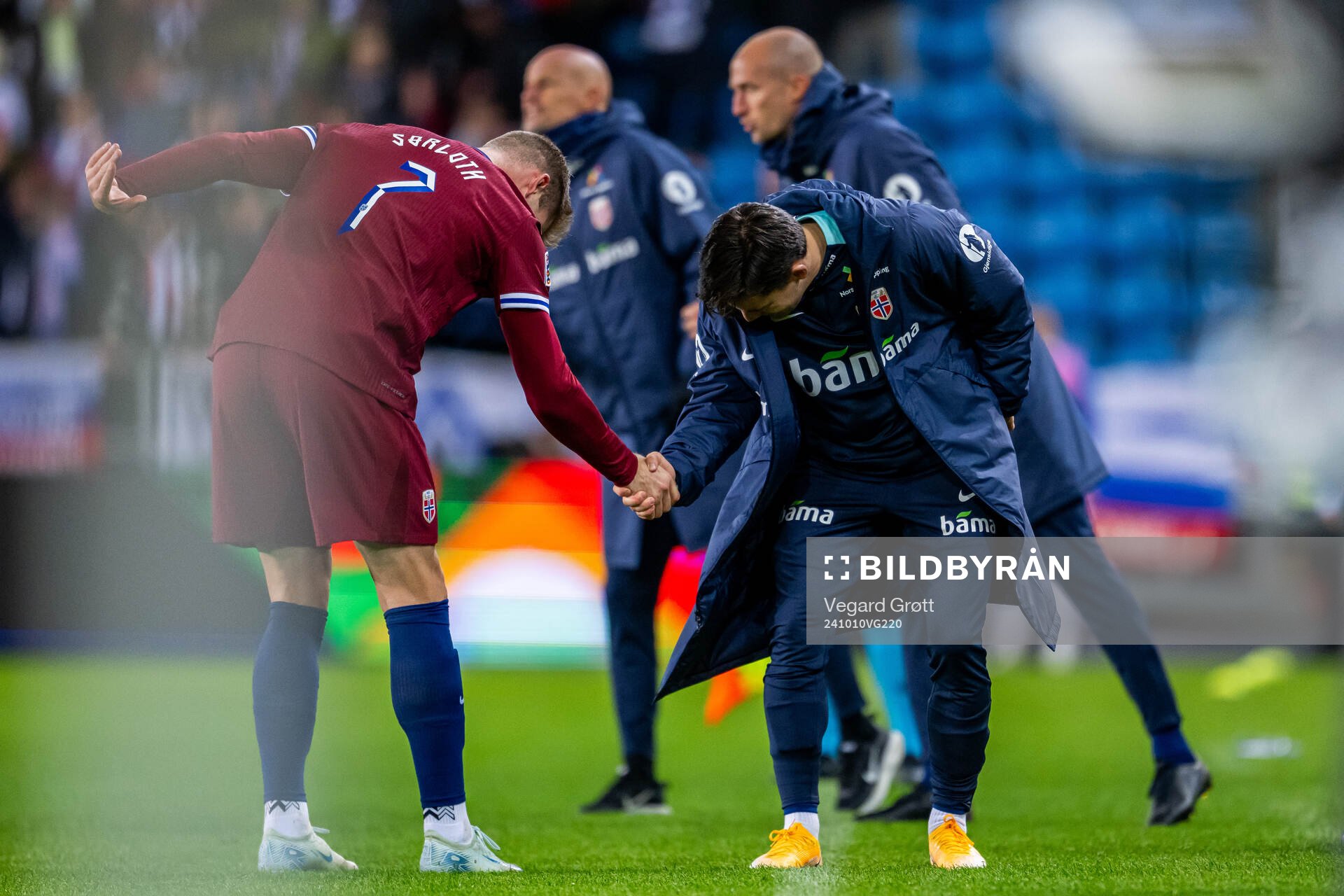 Alexander Sørloth of Norway celebrates with teammate Hugo