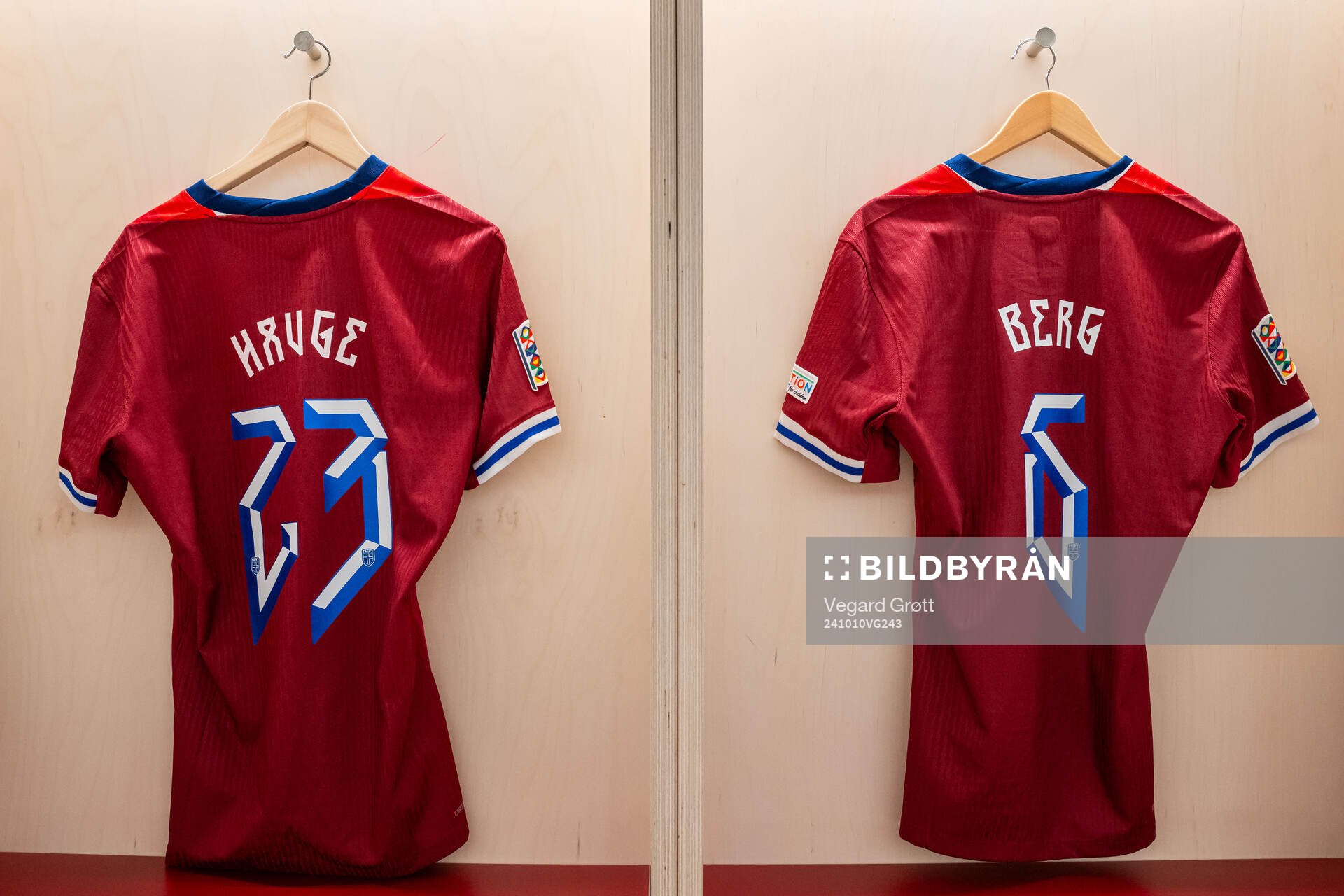 The kits of Jens Petter Hauge and Patrick Berg of Norway in