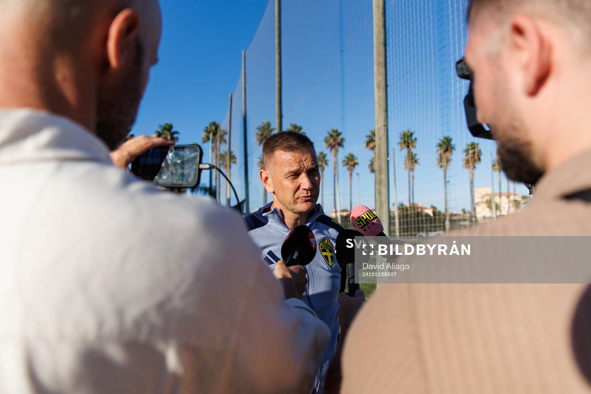 Head coach Andreas Pettersson of Sweden speaks to media