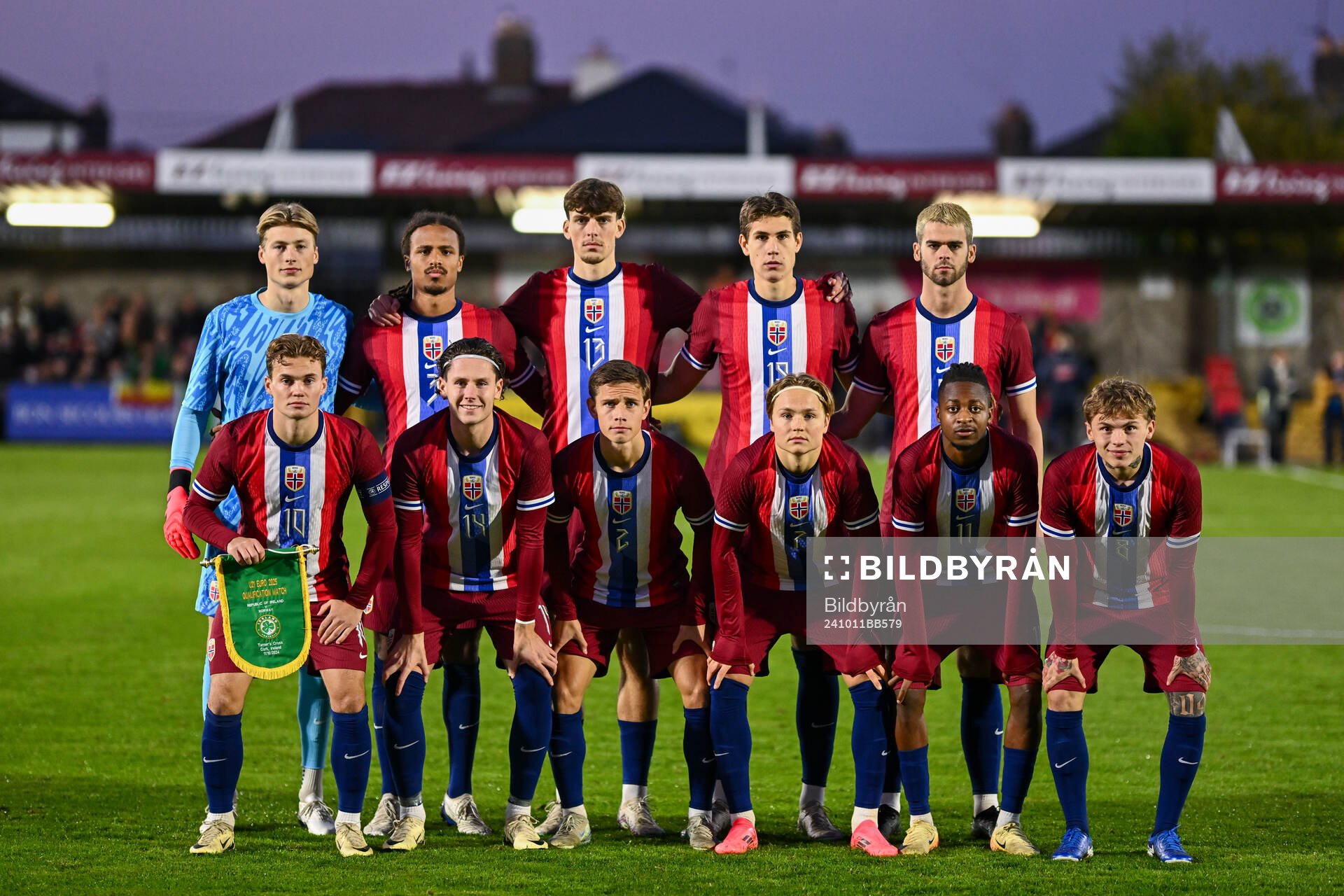The starting eleven of Norway pose for a photo ahead of the UEFA European Under-21 Qualifier football match between Ireland and Norway on October 11, 2024 in Cork.