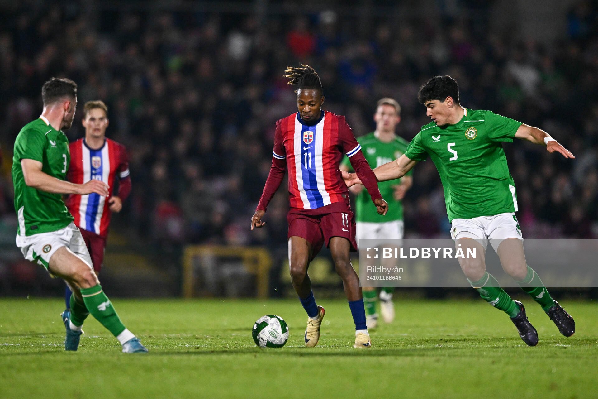 Joel Mvuka of Norway and Anselmo Garcia MacNulty of Republic of Ireland during the UEFA European Under-21 Qualifier football match between Ireland and Norway on October 11, 2024 in Cork.