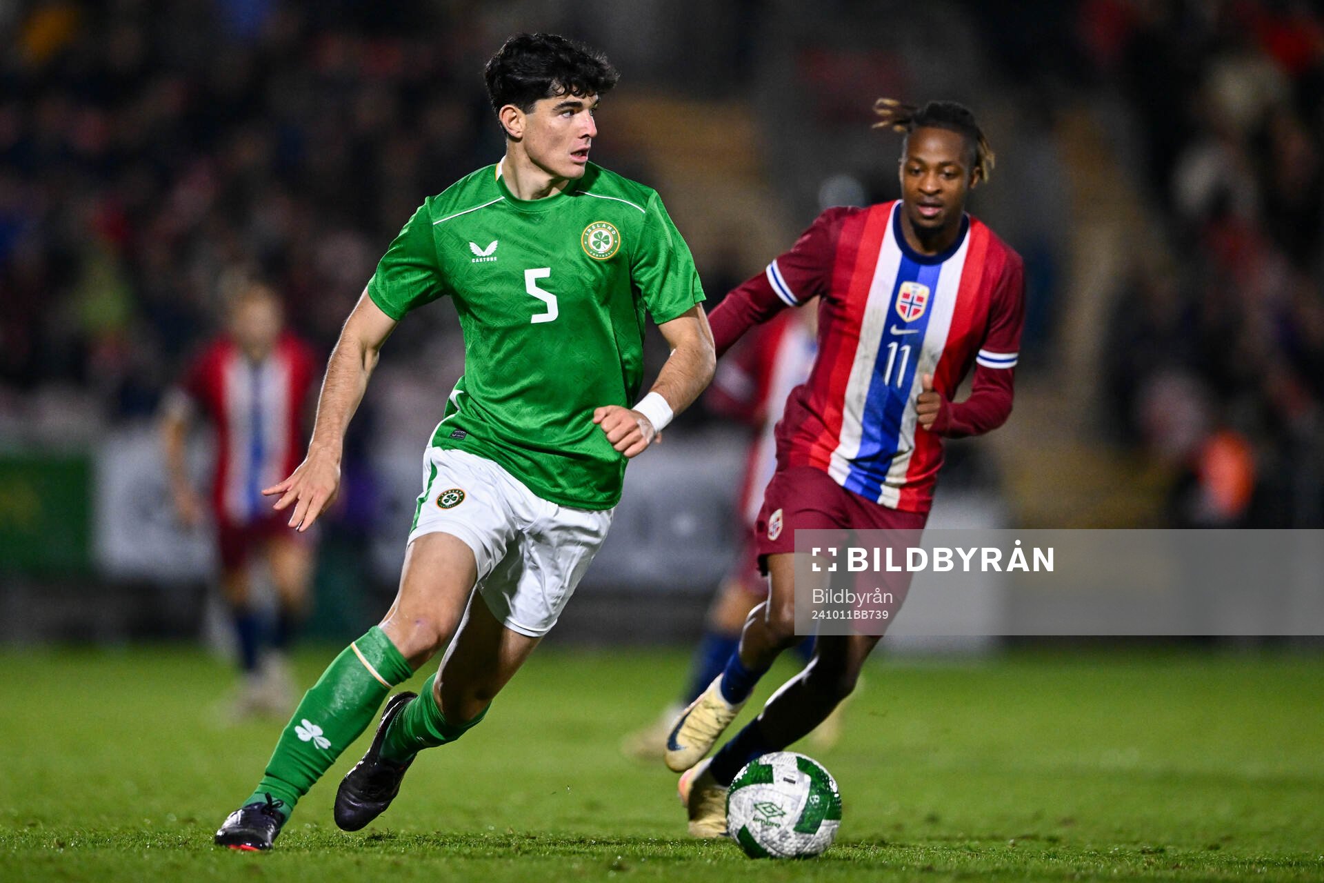 Anselmo Garcia MacNulty of Republic of Ireland and Joel Mvuka of Norway during the UEFA European Under-21 Qualifier football match between Ireland and Norway on October 11, 2024 in Cork.