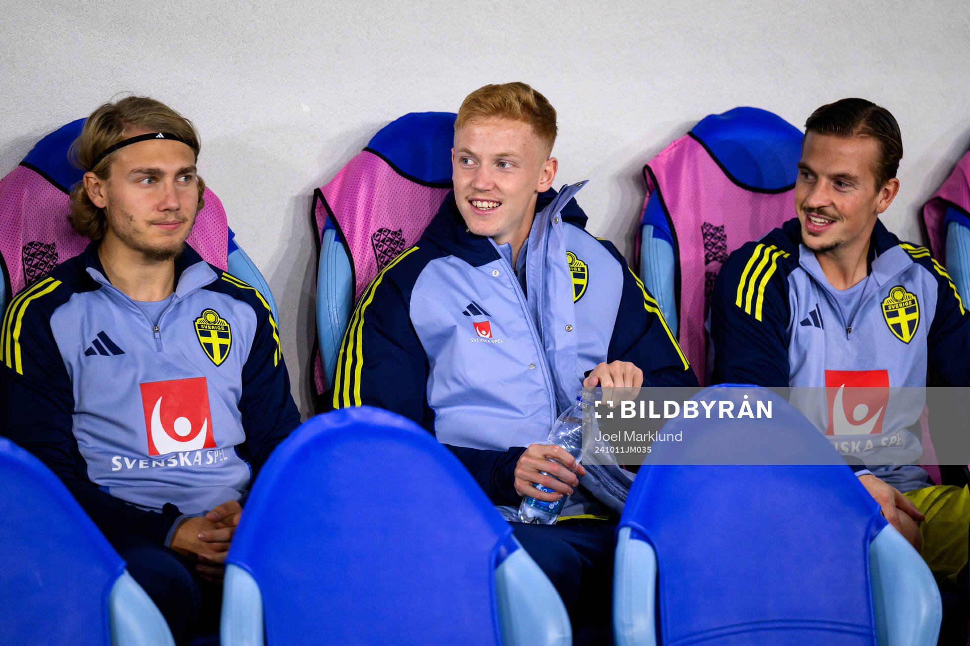 Sebastian Nanasi, Hugo Larsson and Simon Olsson of Sweden during the Nations League football match between Slovakia and Sweden on October 11, 2024 in Bratislava.