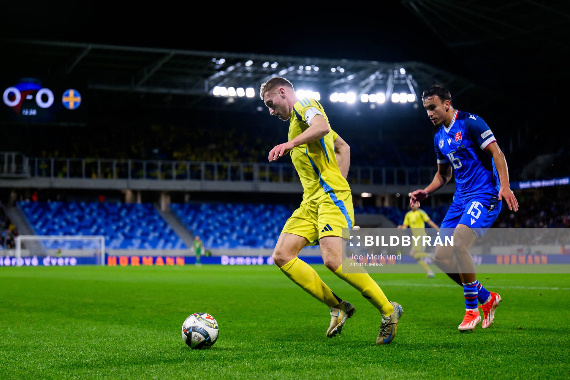 Dejan Kulusevski of Sweden and David Strelec of Slovakia during the Nations League football match between Slovakia and Sweden on October 11, 2024 in Bratislava.