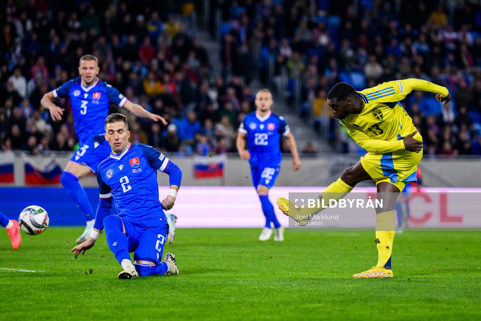 Peter Pekarik of Slovakia and Ken Sema of Sweden during the Nations League football match between Slovakia and Sweden on October 11, 2024 in Bratislava.