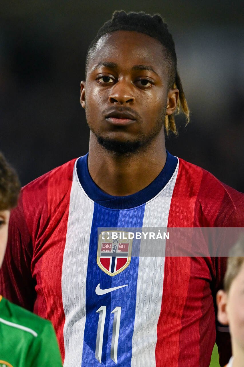Joel Mvuka of Norway during the UEFA European Under-21 Qualifier football match between Ireland and Norway on October 11, 2024 in Cork.
