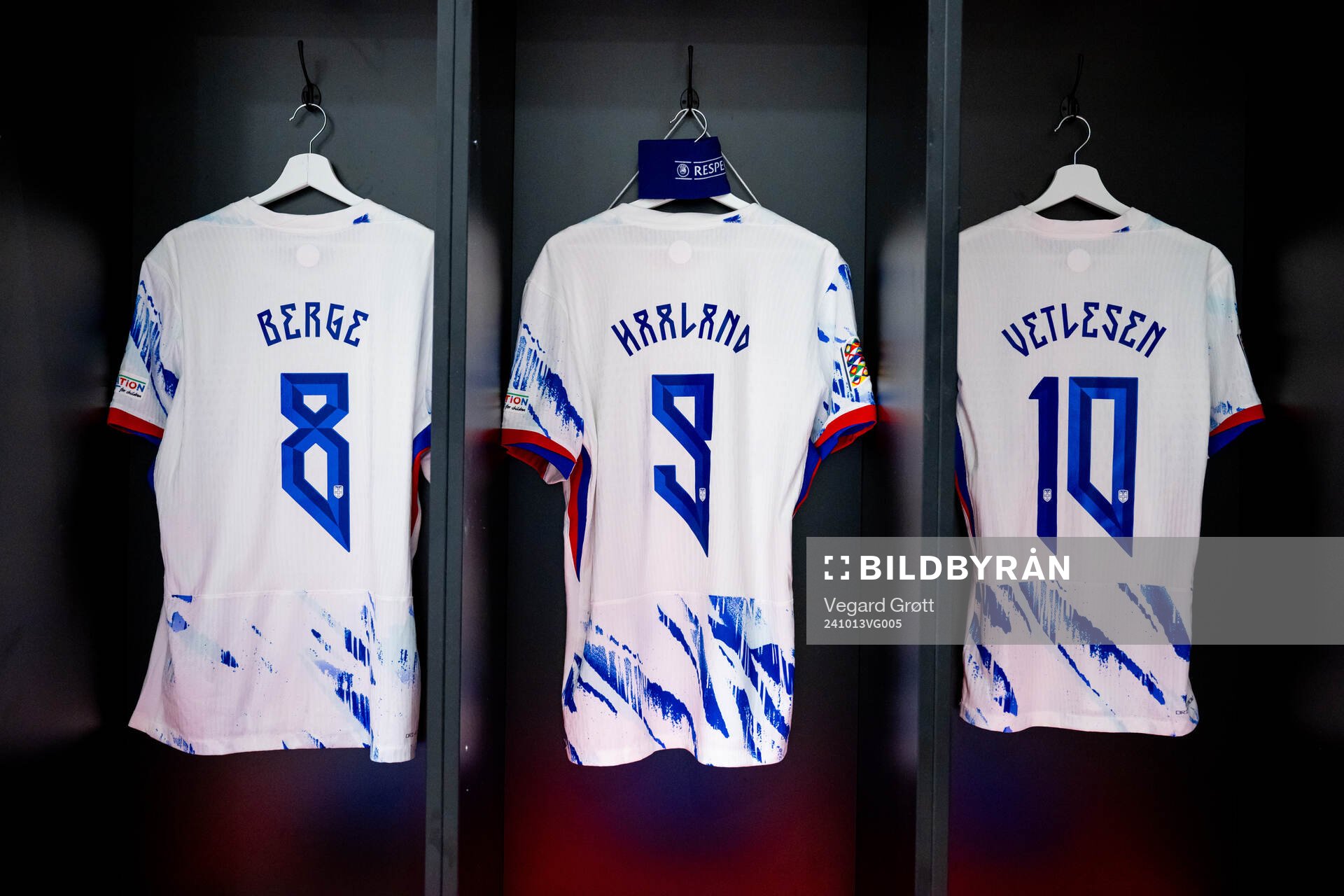The kits of Sander Berge, Erling Braut Haaland and Hugo Vetlesen of Norway in the dressing room ahead of the Nations League football match between Austria and Norway on October 13, 2024 in Linz.