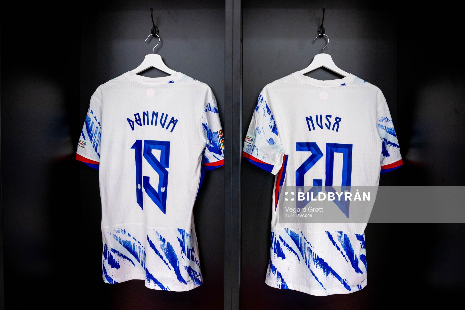The kits of Aron Dønnum and Antonio Nusa of Norway in the dressing room ahead of the Nations League football match between Austria and Norway on October 13, 2024 in Linz. 