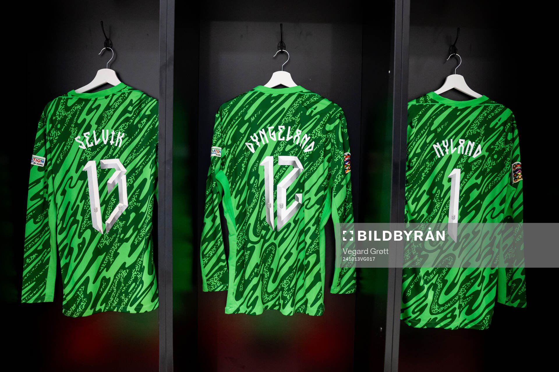 The kits of goalkeepers Egil Selvik, Mathias Dyngeland and