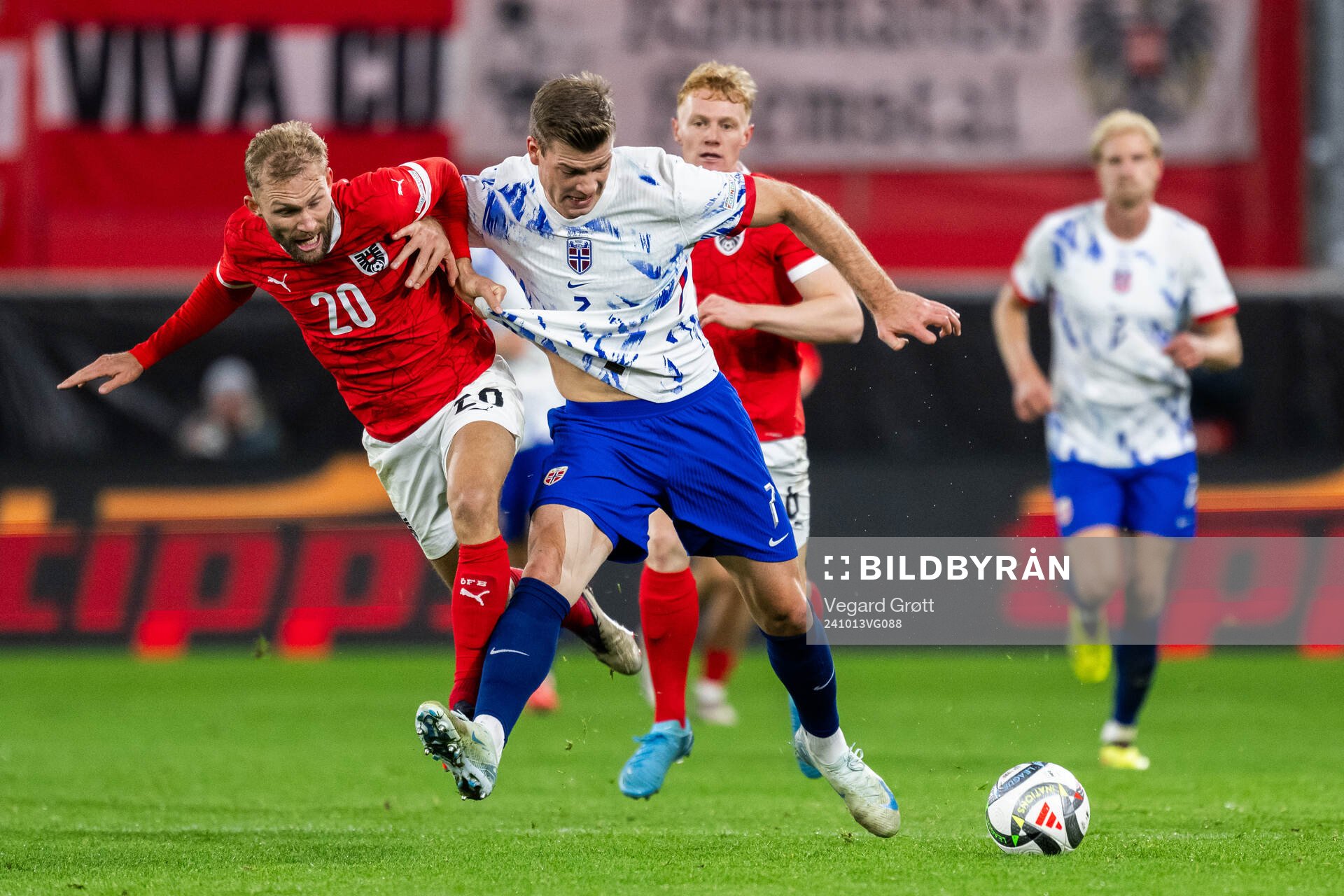 Konrad Laimer of Austria and Alexander Sørloth of Norway