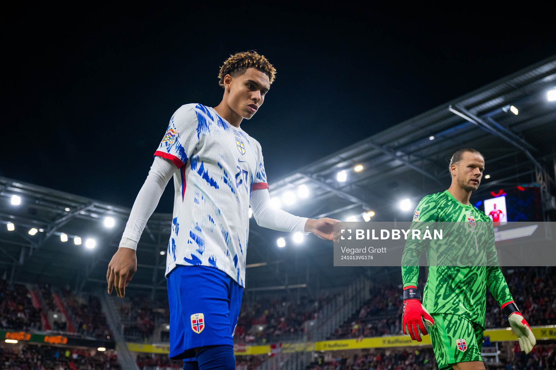 Antonio Nusa and goalkeeper Ørjan Håskjold Nyland of