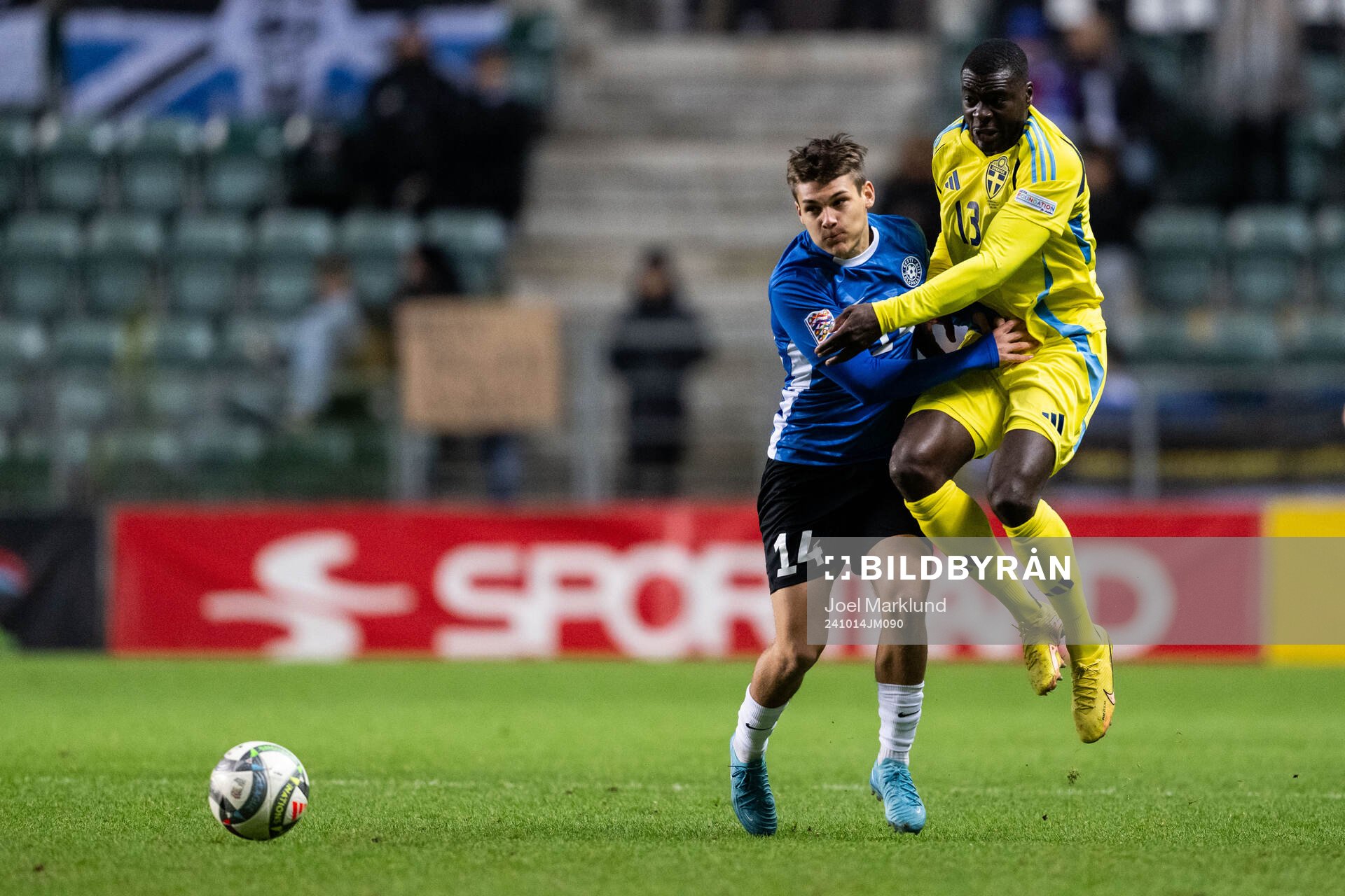 Patrik Kristal of Estonia and Ken Sema of Sweden during the Nations League football match between Estonia and Sweden on October 14, 2024 in Tallinn.