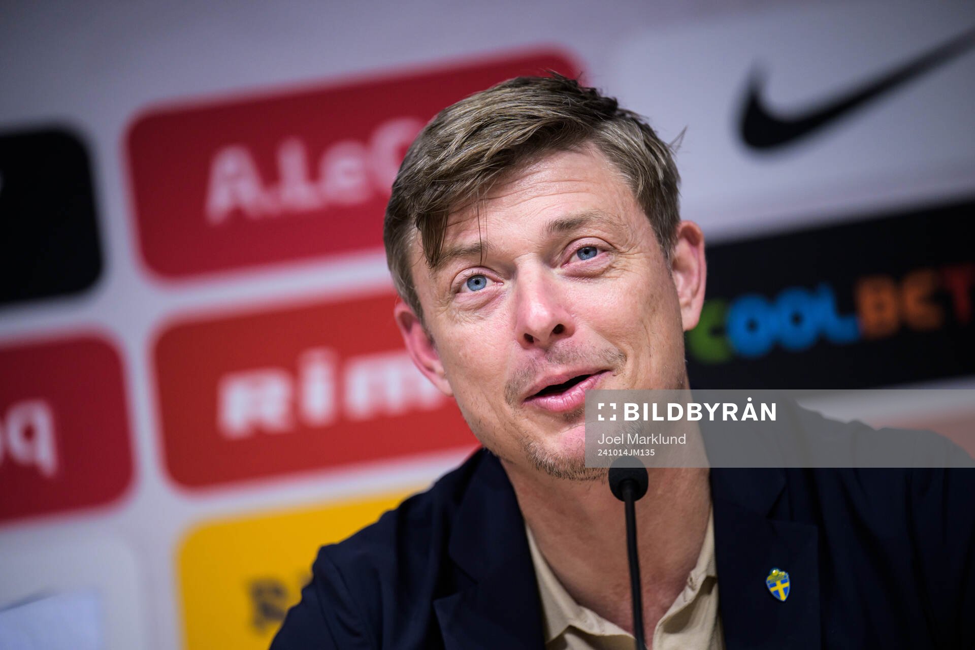 Head coach Jon Dahl Tomasson of Sweden at a press conference after the Nations League football match between Estonia and Sweden on October 14, 2024 in Tallinn.