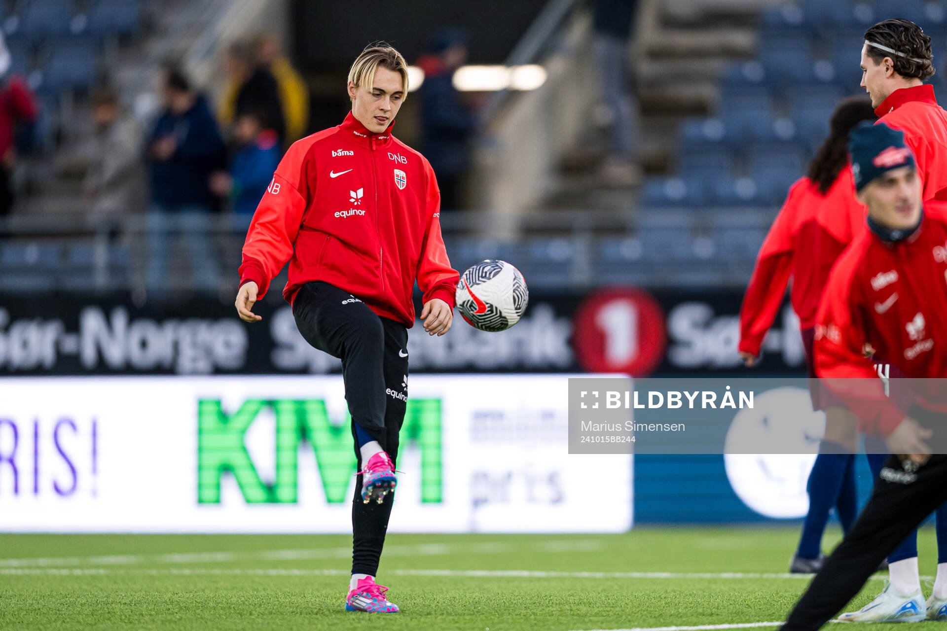 Elias Hoff Melkersen of Norway warms up ahead of the UEFA European Under-21 Qualifier football match between Norway and Turkey on October 15, 2024 in Stavanger.