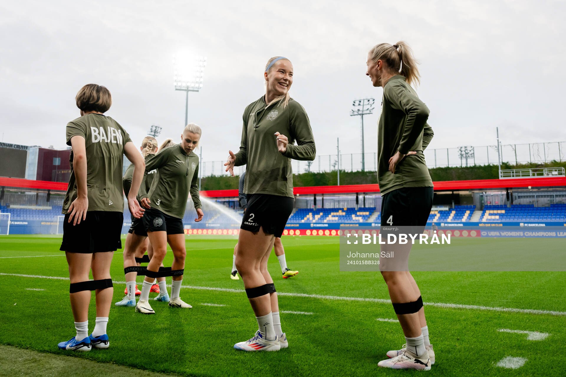 Eva Nyström and Thea Sørbo of Hammarby during a training session with Hammarby on October 15, 2024 in Barcelona.