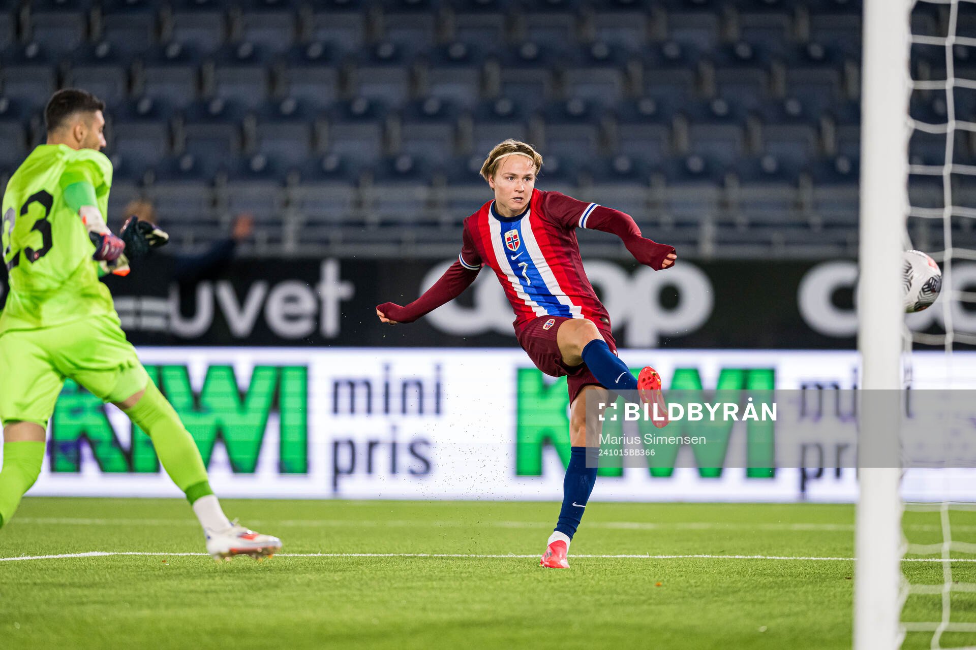 Andreas Schjelderup of Norway scores the 3-0 goal