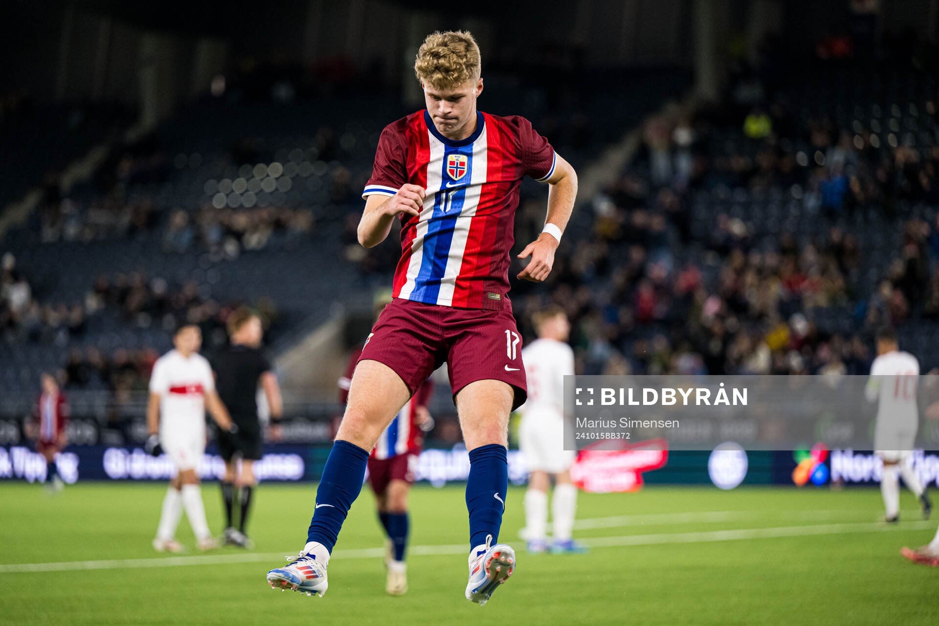 Sindre Walle Egeli of Norway celebrates after scoring the 4-0 goal during the UEFA European Under-21 Qualifier football match between Norway and Turkey on October 15, 2024 in Stavanger.