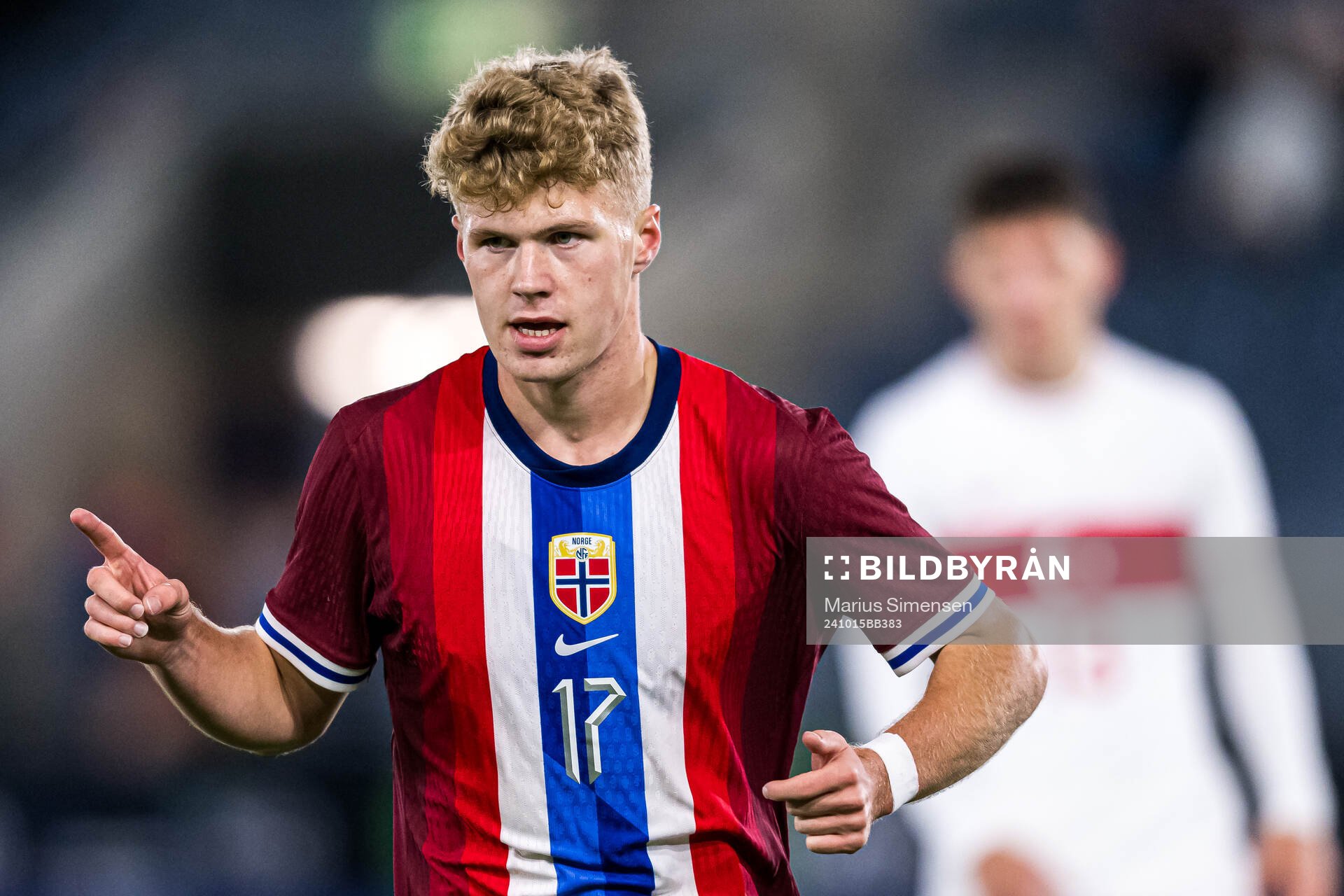 Sindre Walle Egeli of Norway celebrates after scoring the 4-0 goal during the UEFA European Under-21 Qualifier football match between Norway and Turkey on October 15, 2024 in Stavanger.