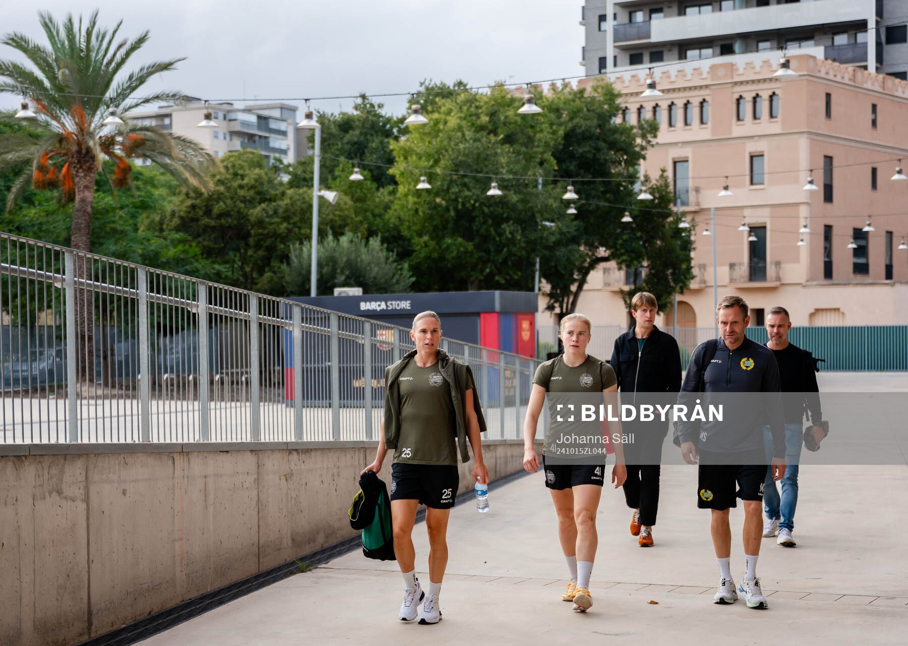 Jonna Andersson, Julie Blakstad and Head coach Martin Sjögren of Hammarby ahead of a press conference on October 15, 2024 in Barcelona.