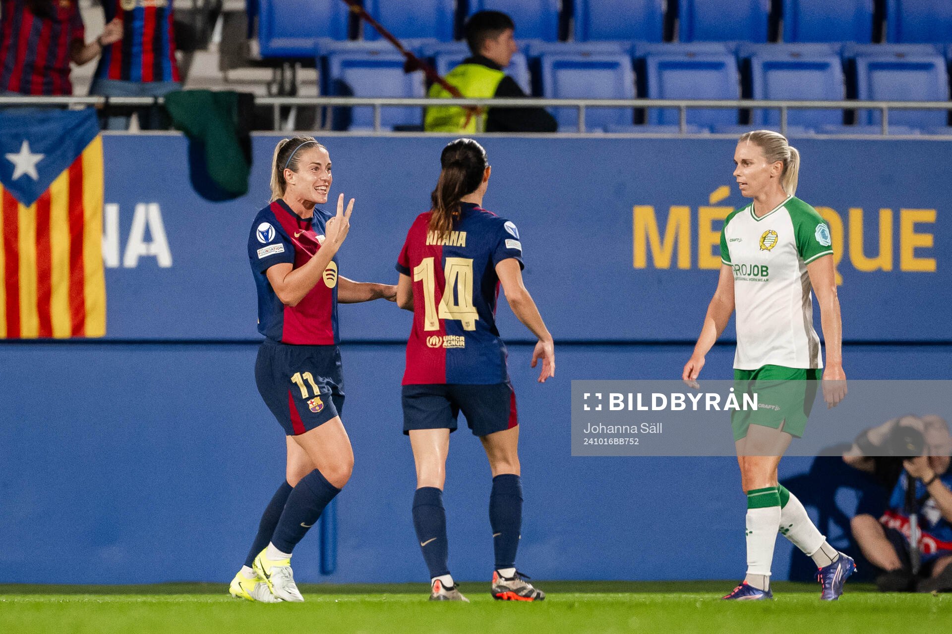 Alexia Putellas of Barcelona celebrates the 3-0 goal during the Women's Champions League football match between Barcelona and Hammarby on October 16, 2024 in Barcelona.