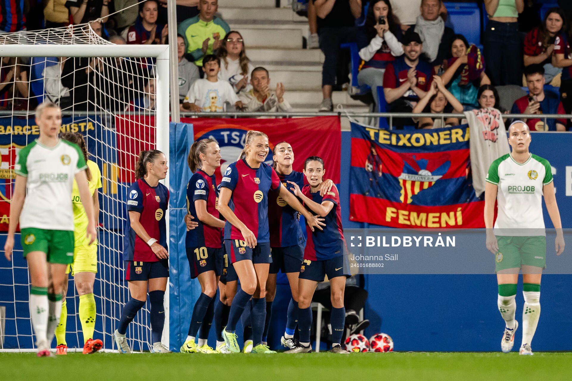 Fridolina Rolfö and Ewa Pajor of Barcelona celebrate after 6-0 goal during the Women's Champions League football match between Barcelona and Hammarby on October 16, 2024 in Barcelona.