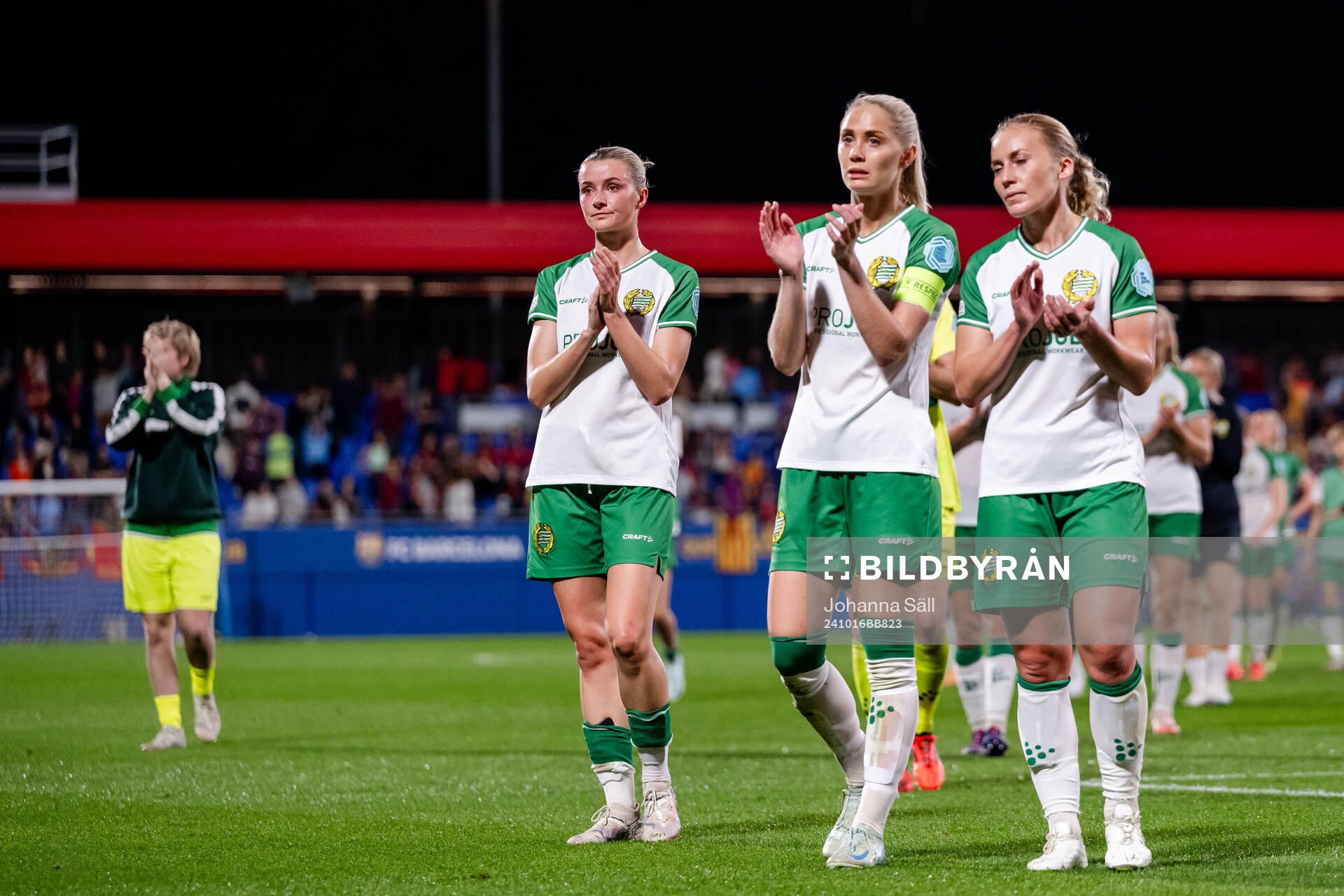 Thea Sørbo, Alice Carlsson and Ellen Gibson of Hammarby look dejected after the Women's Champions League football match between Barcelona and Hammarby on October 16, 2024 in Barcelona. 
