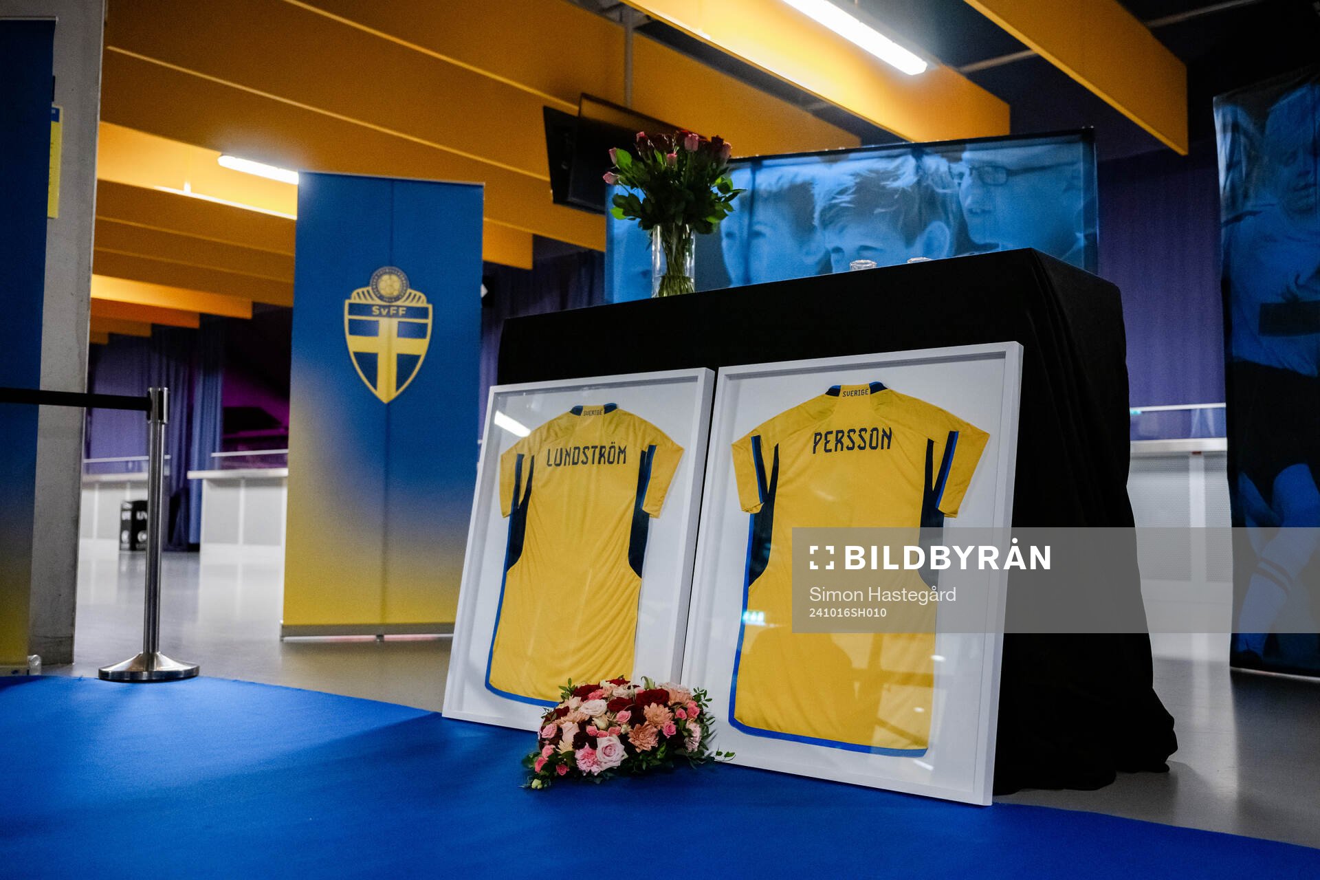 Jerseys with the names of the two victims of the terror attack in Brussels 2023 is shown during the one year anniversary memorial service on October 16, 2024 in Stockholm. 