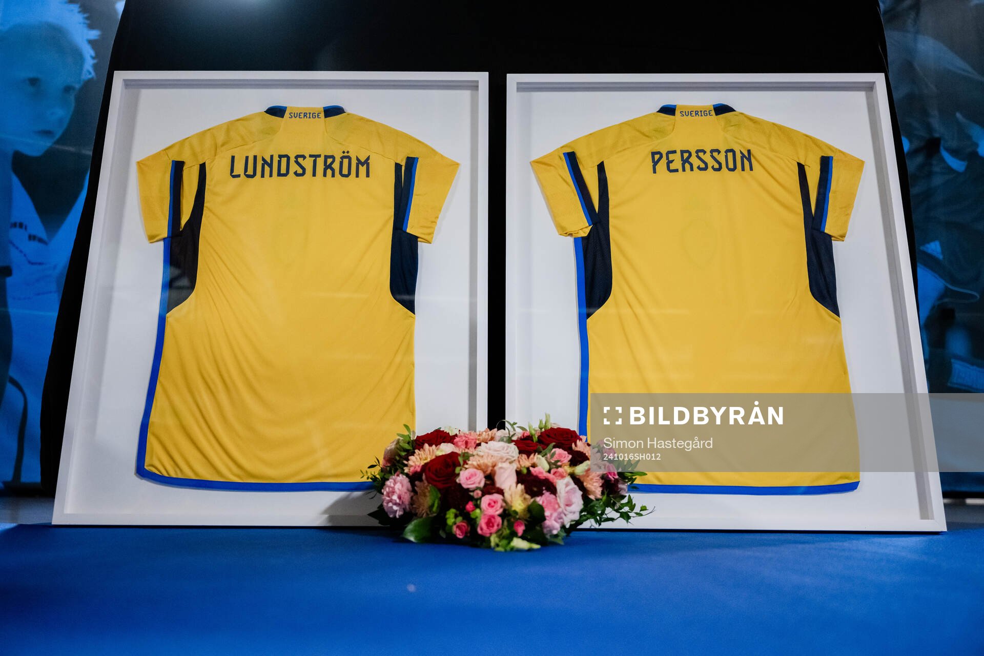 Jerseys with the names of the two victims of the terror attack in Brussels 2023 is shown during the one year anniversary memorial service on October 16, 2024 in Stockholm. 