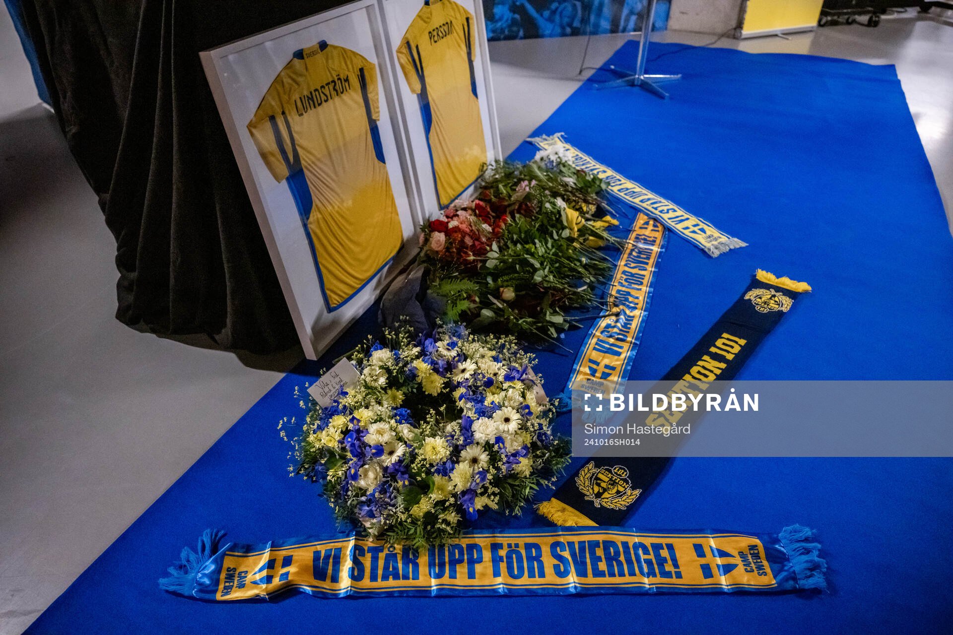 Jerseys with the names of the two victims of the terror attack in Brussels 2023 is shown during the one year anniversary memorial service on October 16, 2024 in Stockholm. 