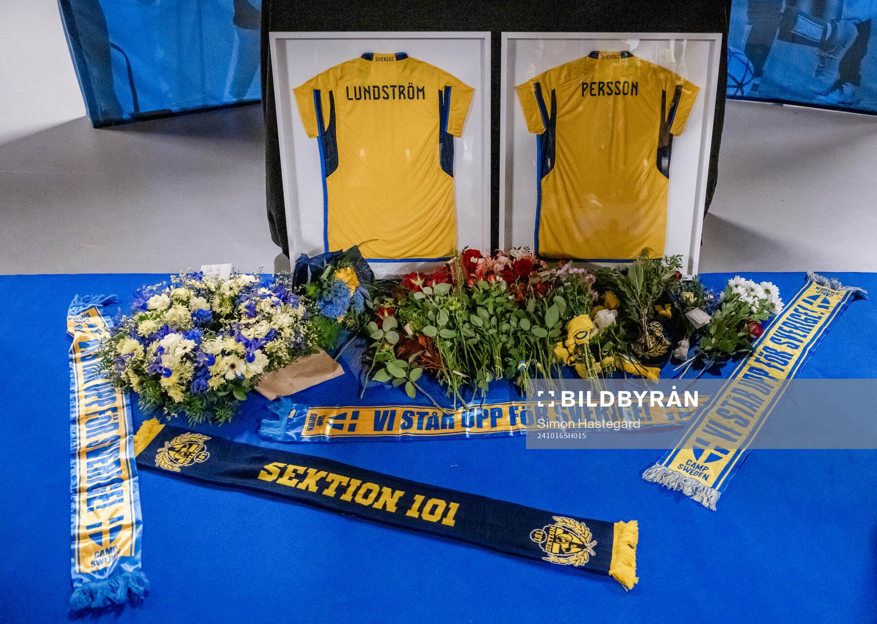 Jerseys with the names of the two victims of the terror attack in Brussels 2023 is shown during the one year anniversary memorial service on October 16, 2024 in Stockholm. 