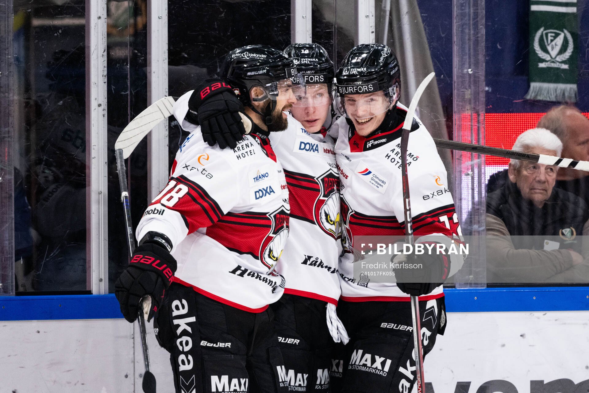 Malmö Redhawks Robin Hanzl, Otto Stenberg och Linus Öberg