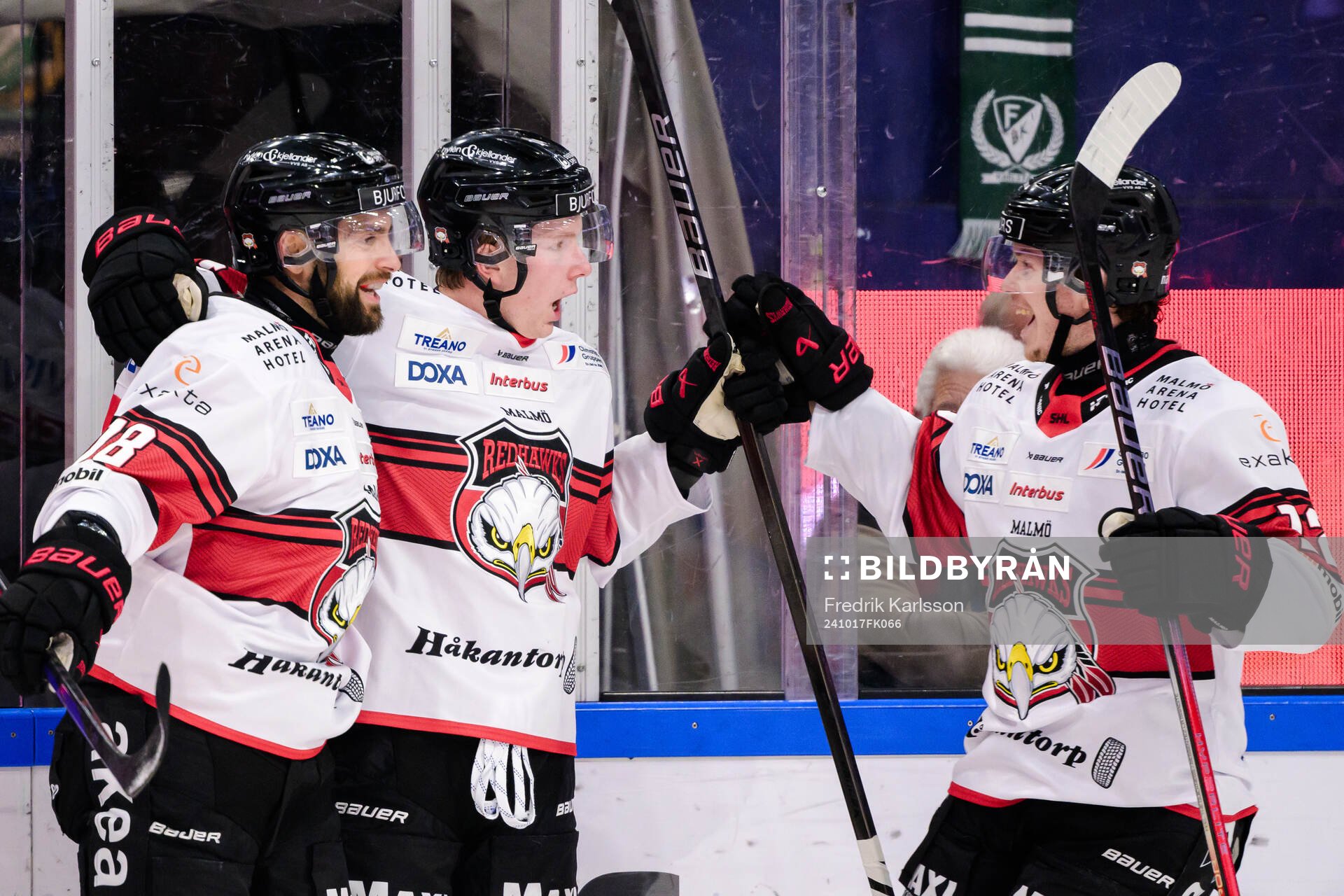 Malmö Redhawks Robin Hanzl, Otto Stenberg och Linus Öberg
